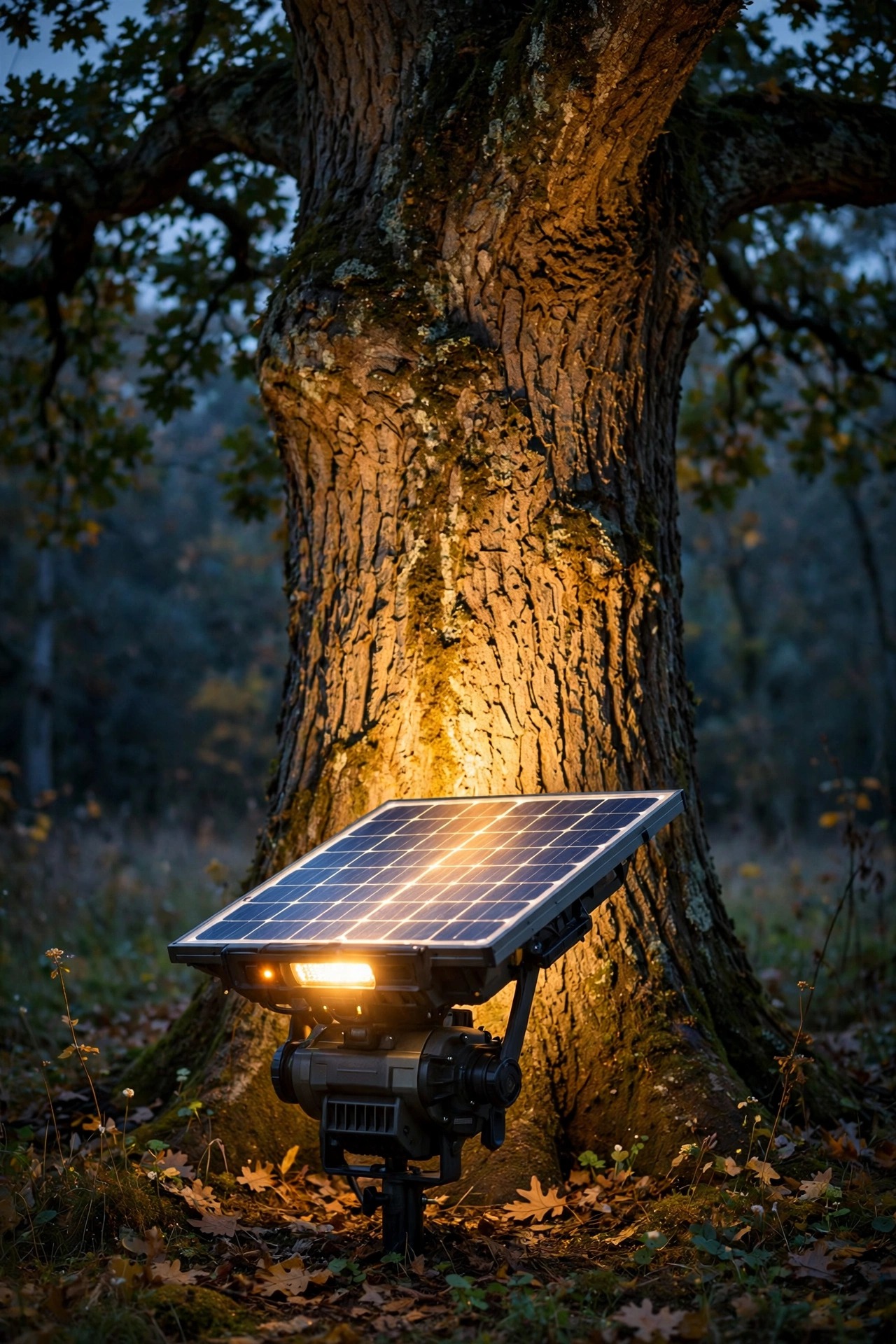 Photorealistic dusk scene of a sturdy solar spotlight with an oversized solar panel glowing brightly at the base of a large oak, strong warm light climbing the trunk late in the evening