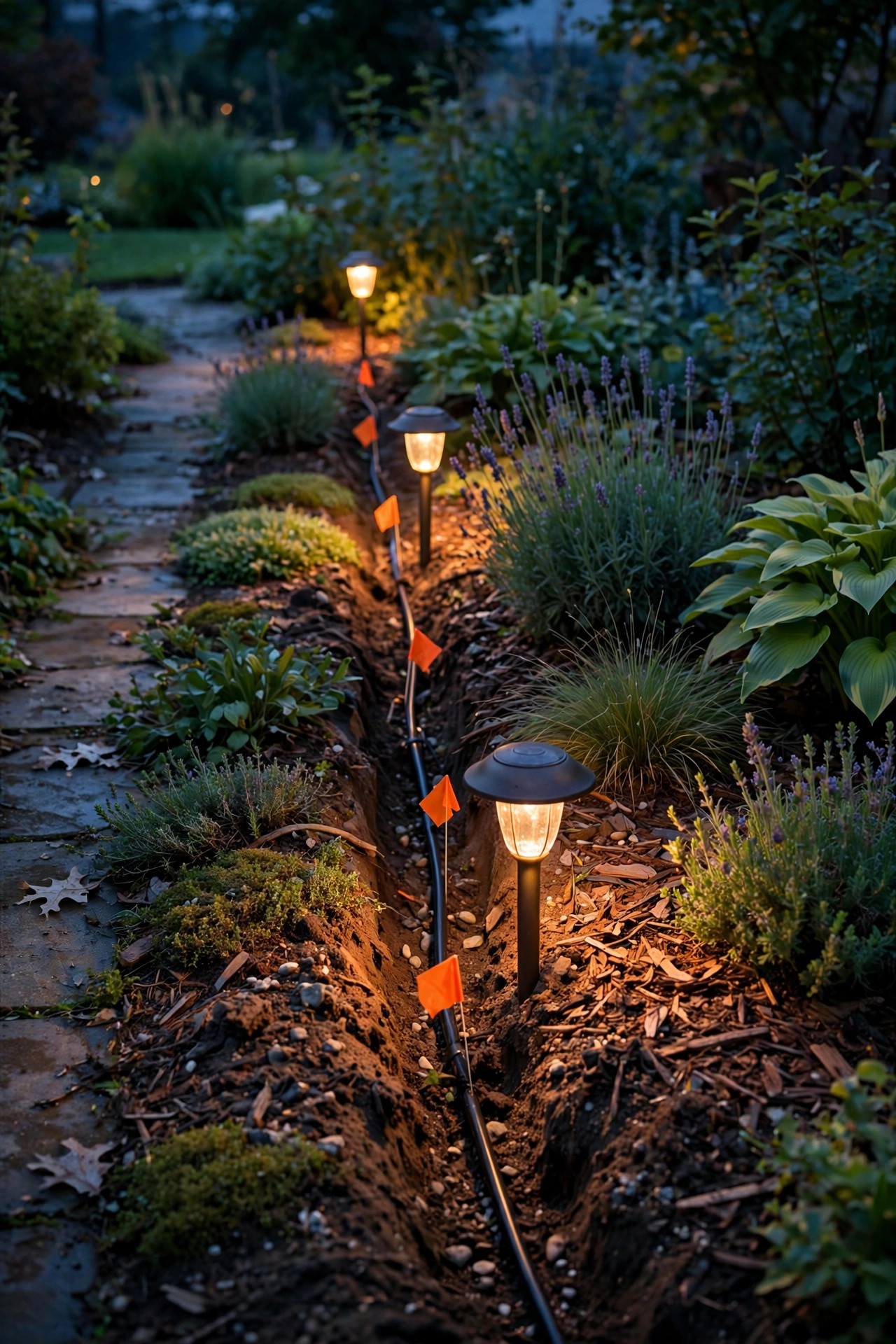 Garden bed at dusk with small marker flags placed along a buried landscape lighting cable run between path lights during troubleshooting