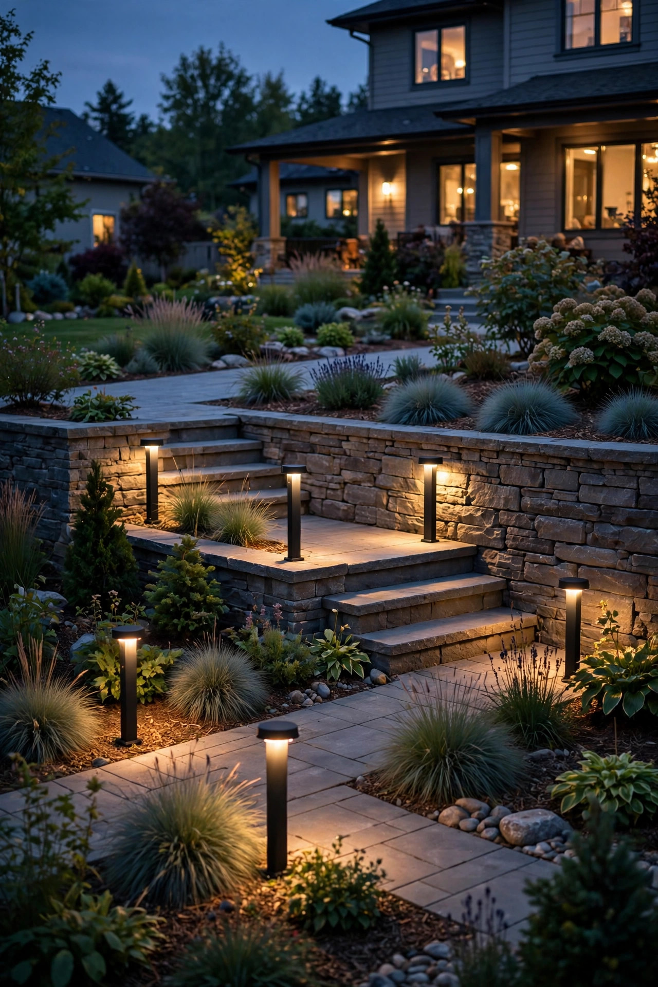 Bollard lights marking a stair landing where a path changes level between terraces