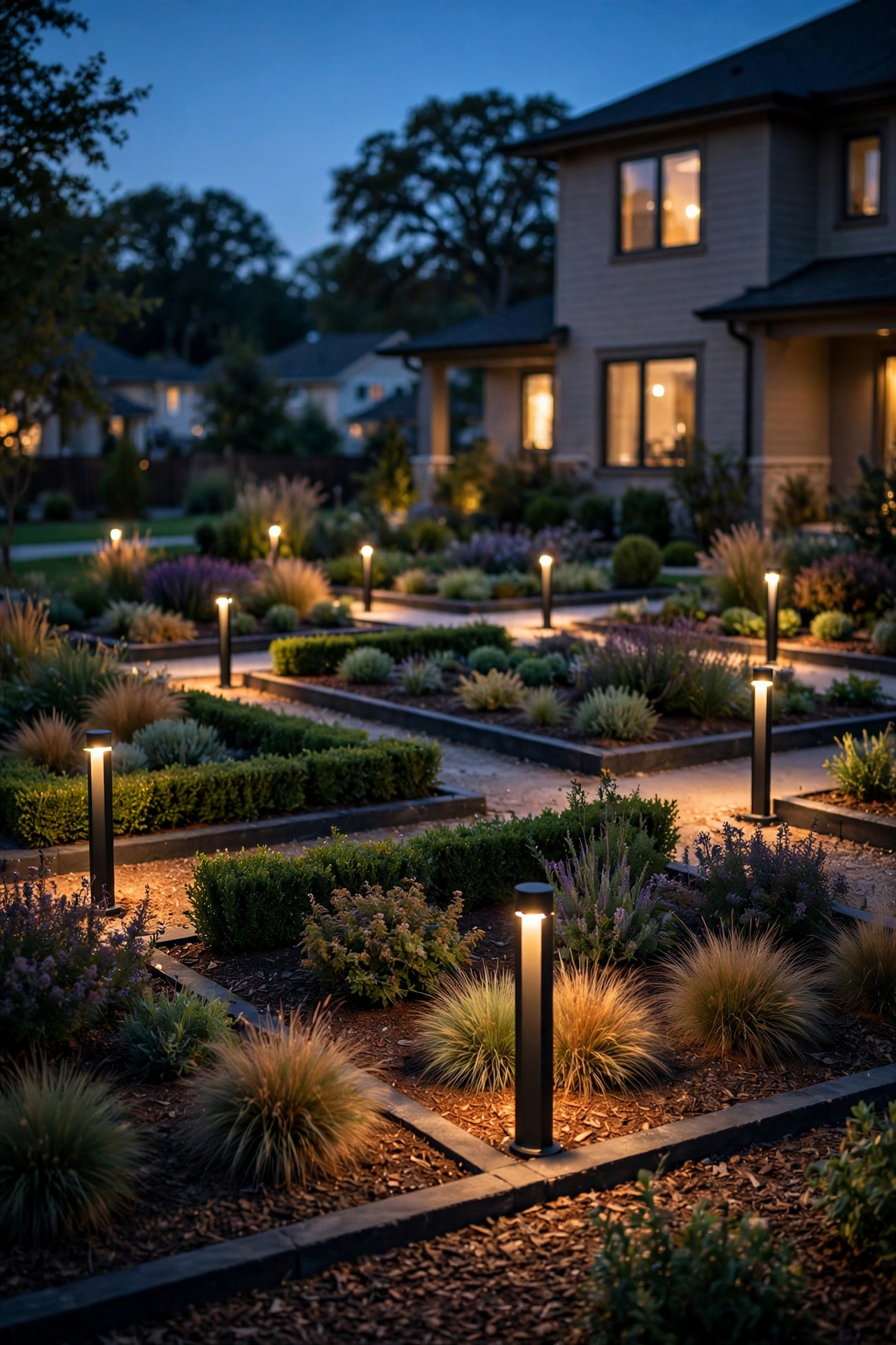 Structured garden beds defined by modern bollard lights at night