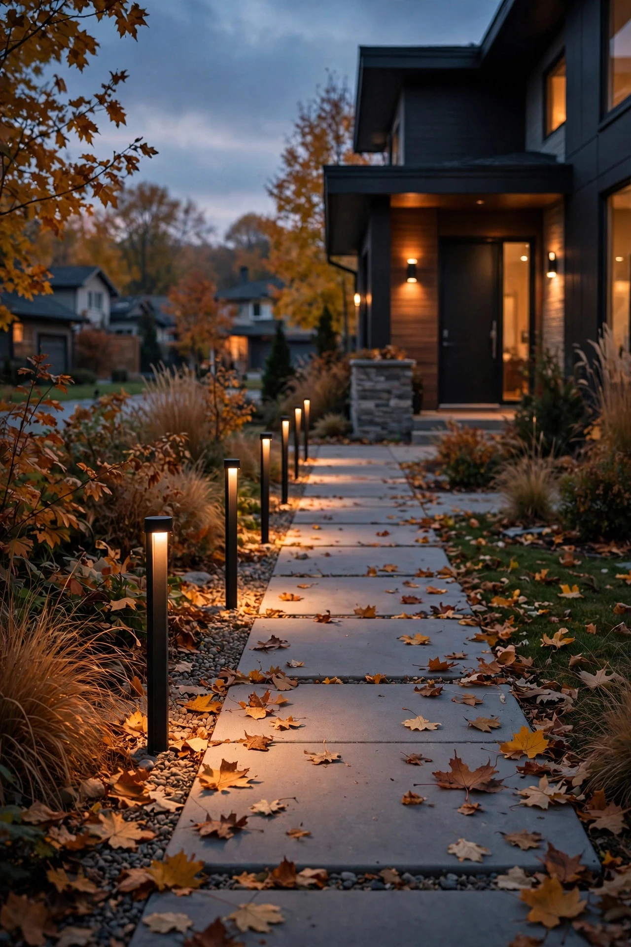 Slim black bollard lights in a single row along a modern pathway in fall