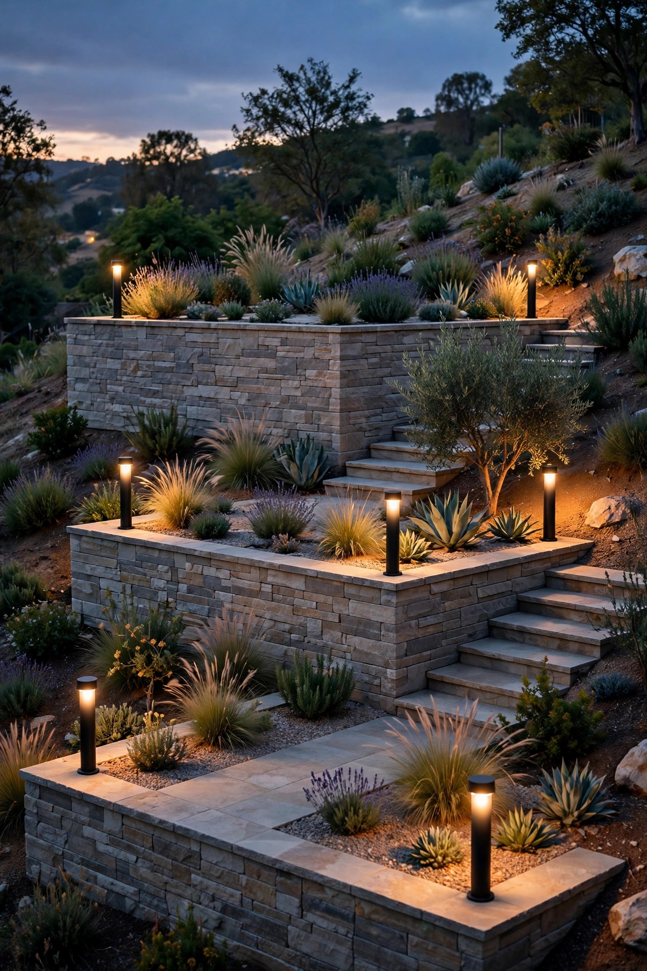 Modern bollard lights marking the corners of terraced levels on a hillside backyard