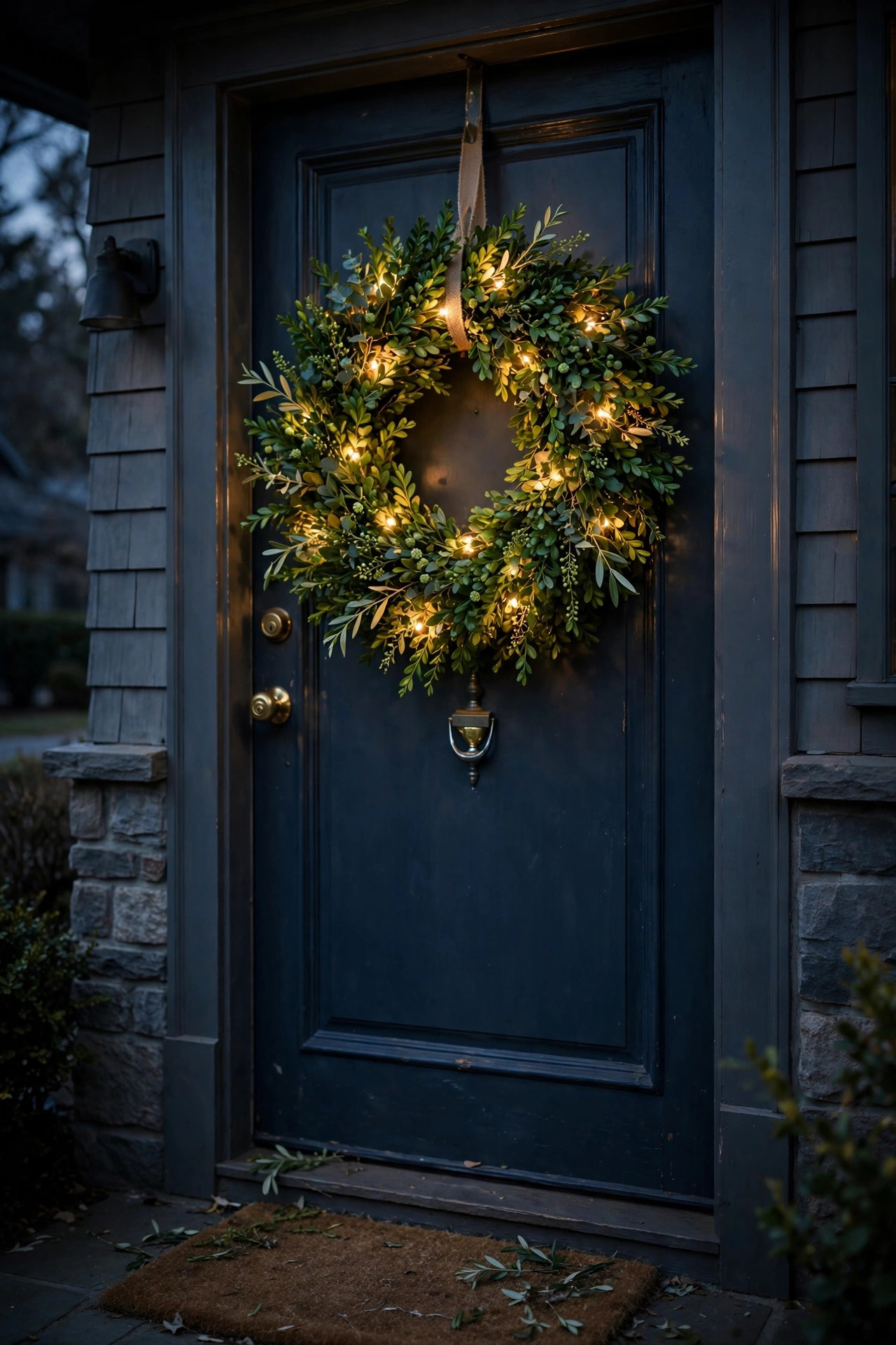 Green boxwood spring wreath with hidden micro lights glowing from within at dusk