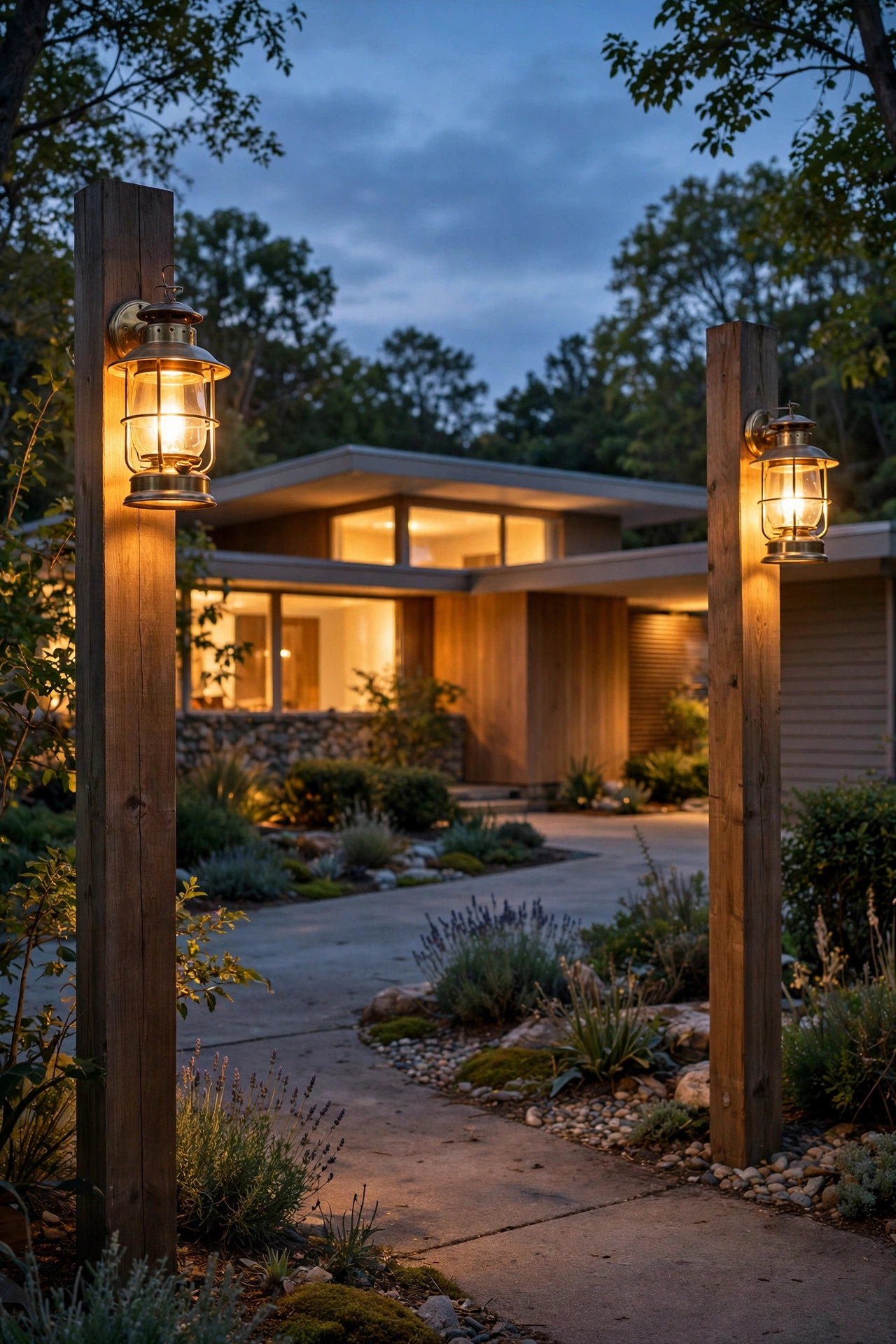 Pair of brass lantern post lights on wooden posts flanking a driveway entrance at dusk