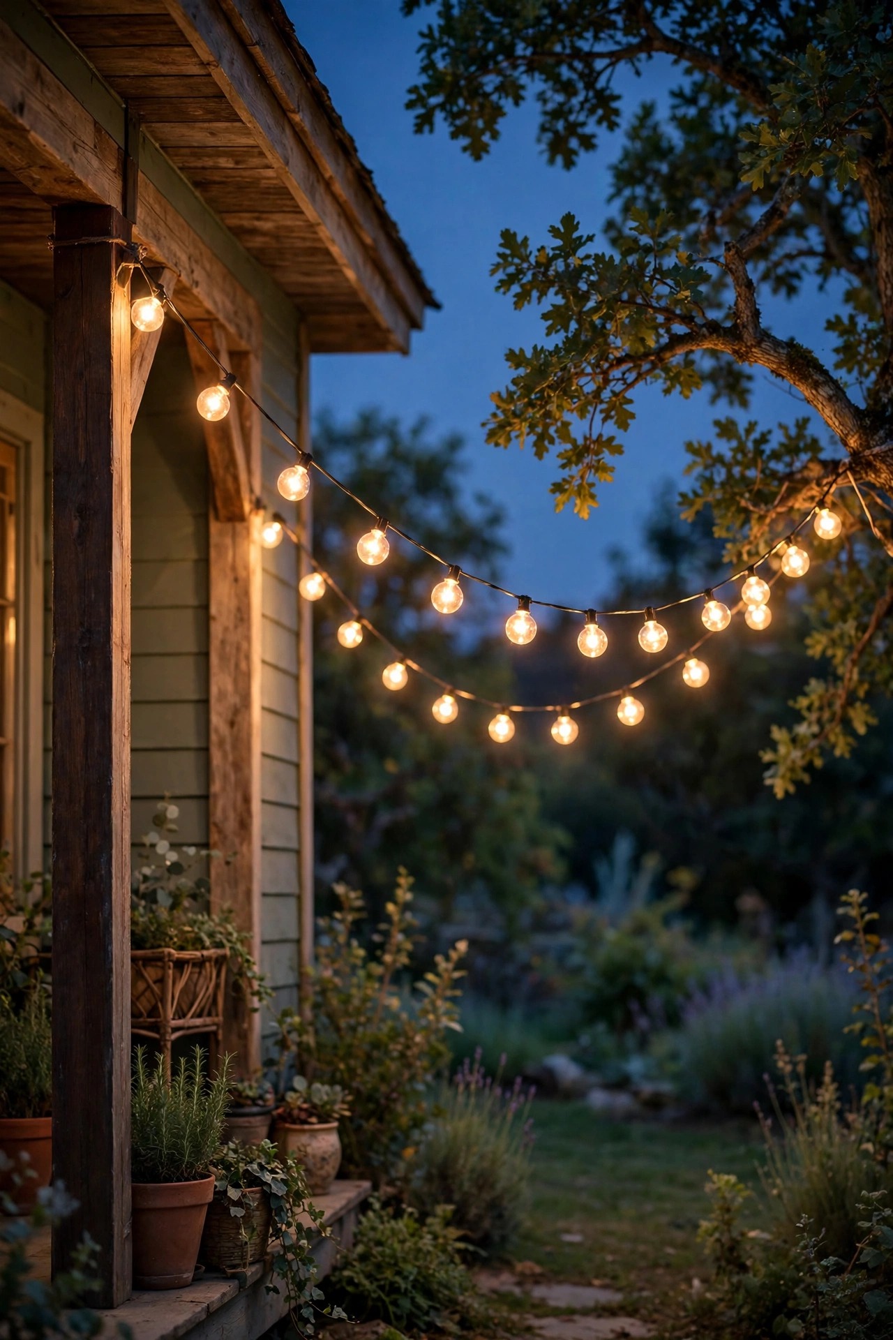 Warm café string lights swagged from a front porch to a tree branch over the front yard