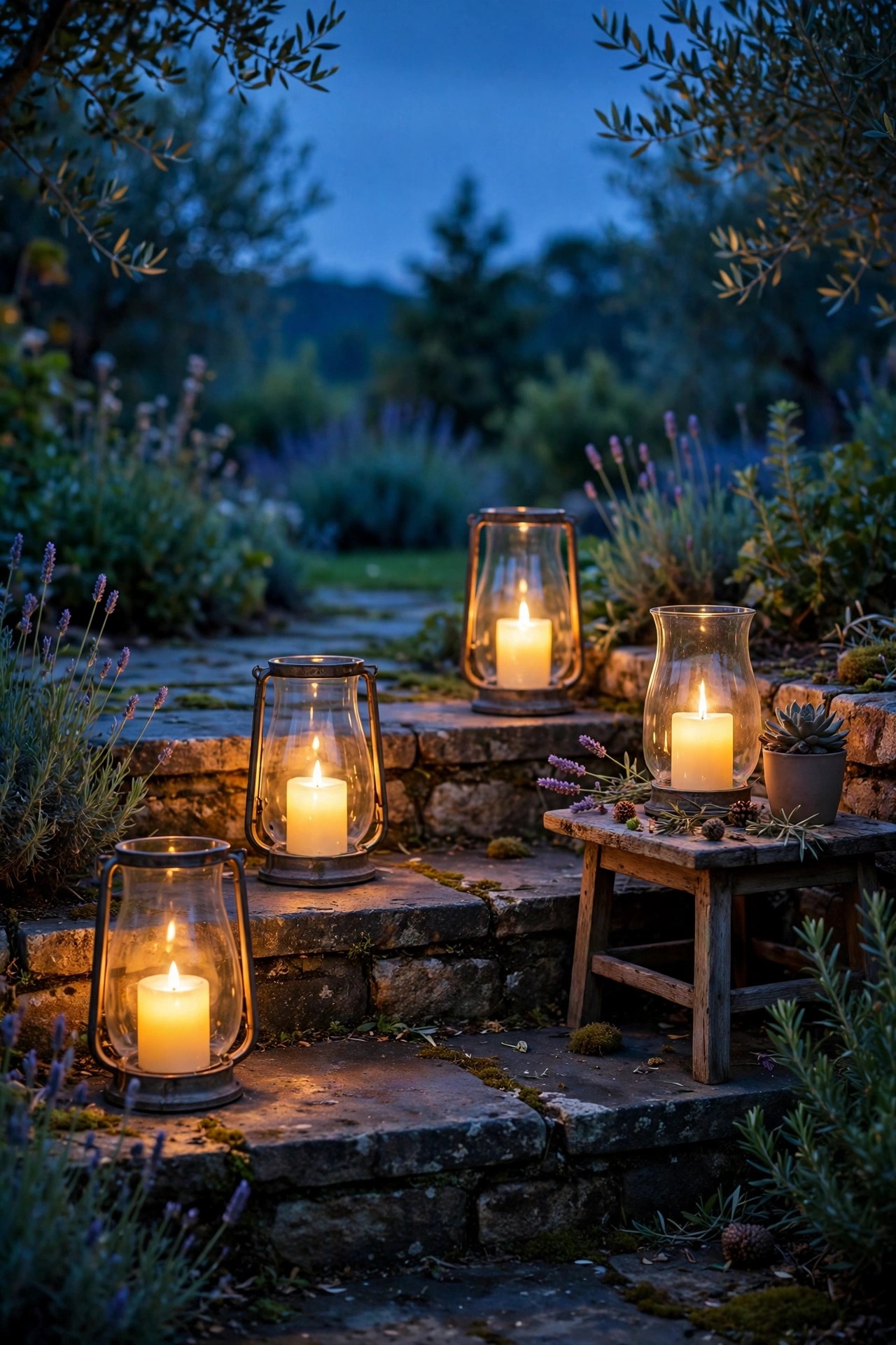 Glass hurricane lanterns with flickering flameless candles glowing on stone garden steps and a small table at dusk