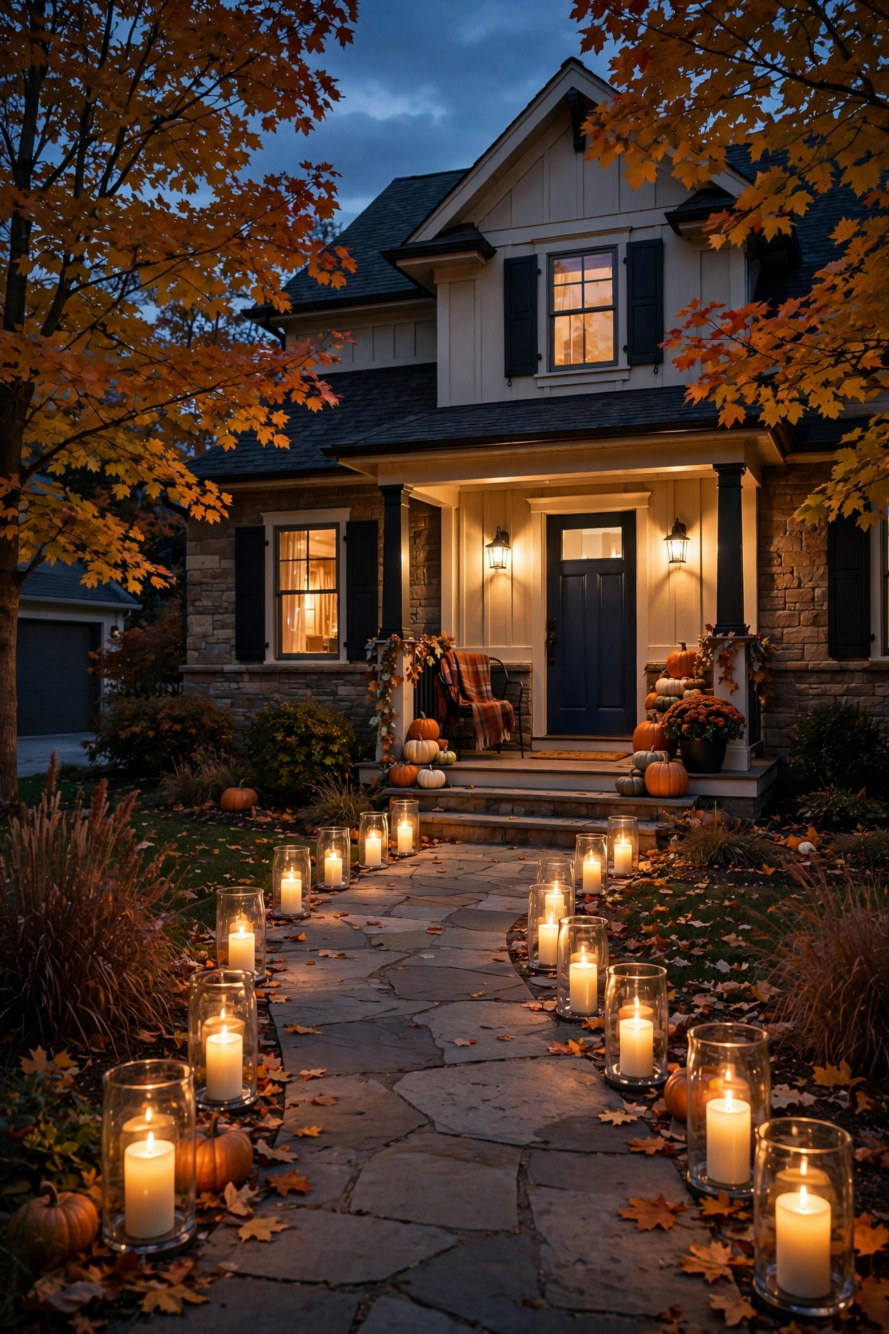 Flameless LED candles lining a front walkway leading to a glowing porch