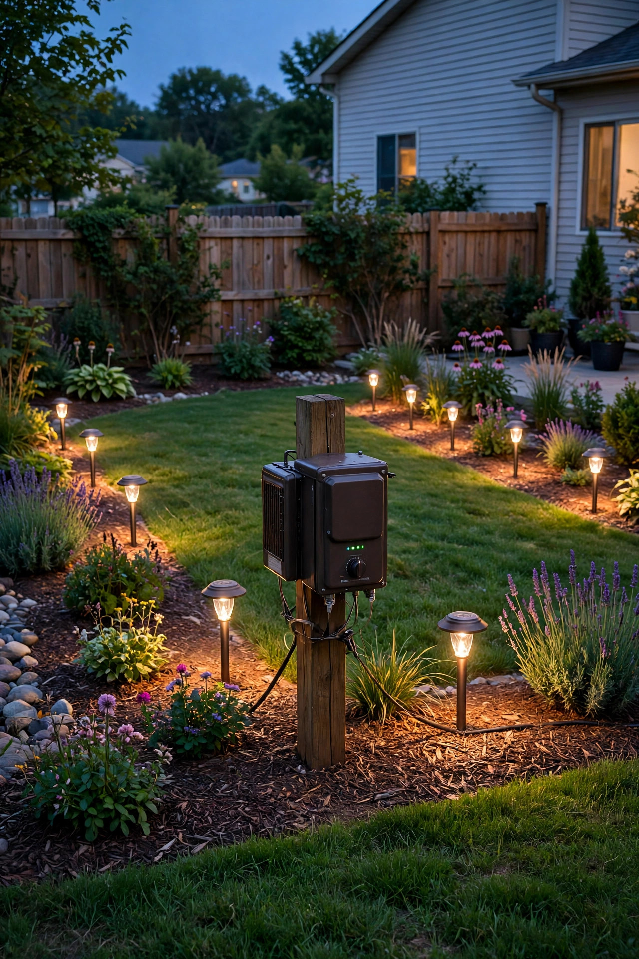 Suburban backyard at dusk with a centrally located transformer feeding two balanced runs of evenly bright landscape lights