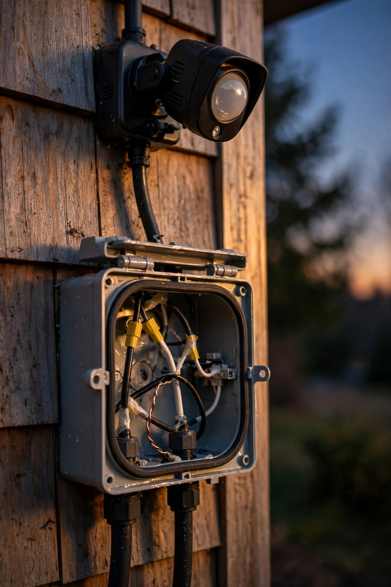 Weatherproof junction box and wiring connections behind an outdoor motion fixture, checked during a dusk troubleshooting session