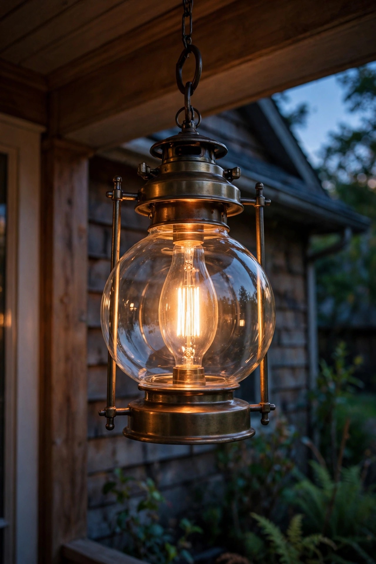 Restored glass porch lantern globe, perfectly clear, glowing warm amber at dusk with the filament bulb visible inside