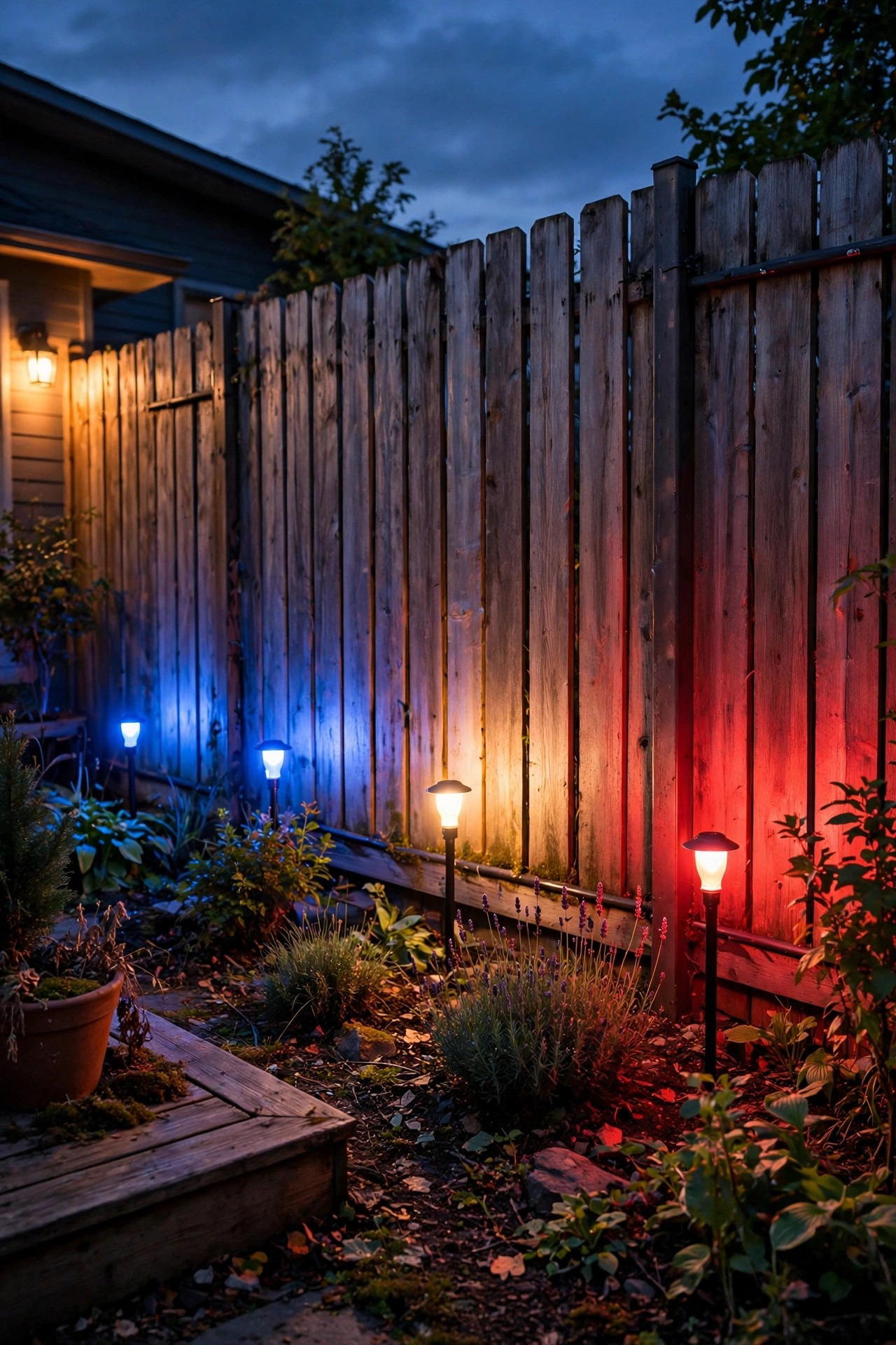 Backyard fence washed in red and blue light from color-changing outdoor flood bulbs