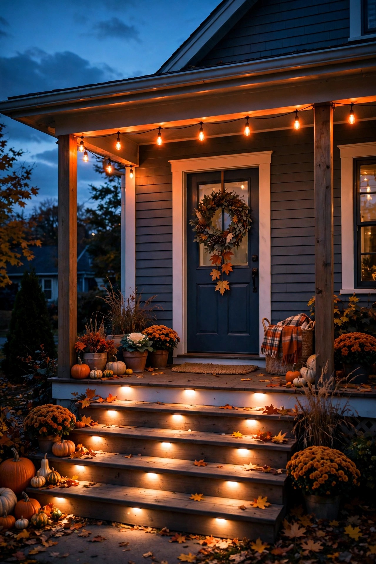 Porch with color-changing outdoor smart bulbs glowing festive orange for a holiday evening beside warm white step lights
