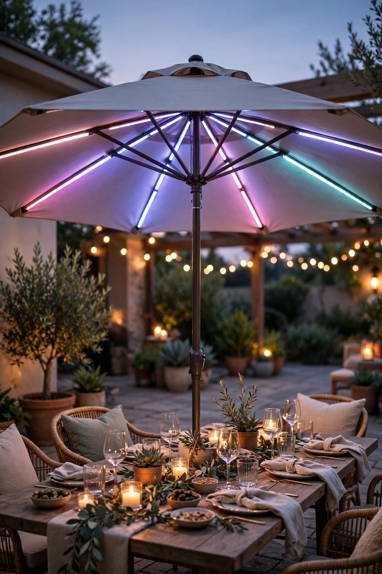 Color-changing umbrella light glowing in a soft festive hue over a patio party setup at dusk