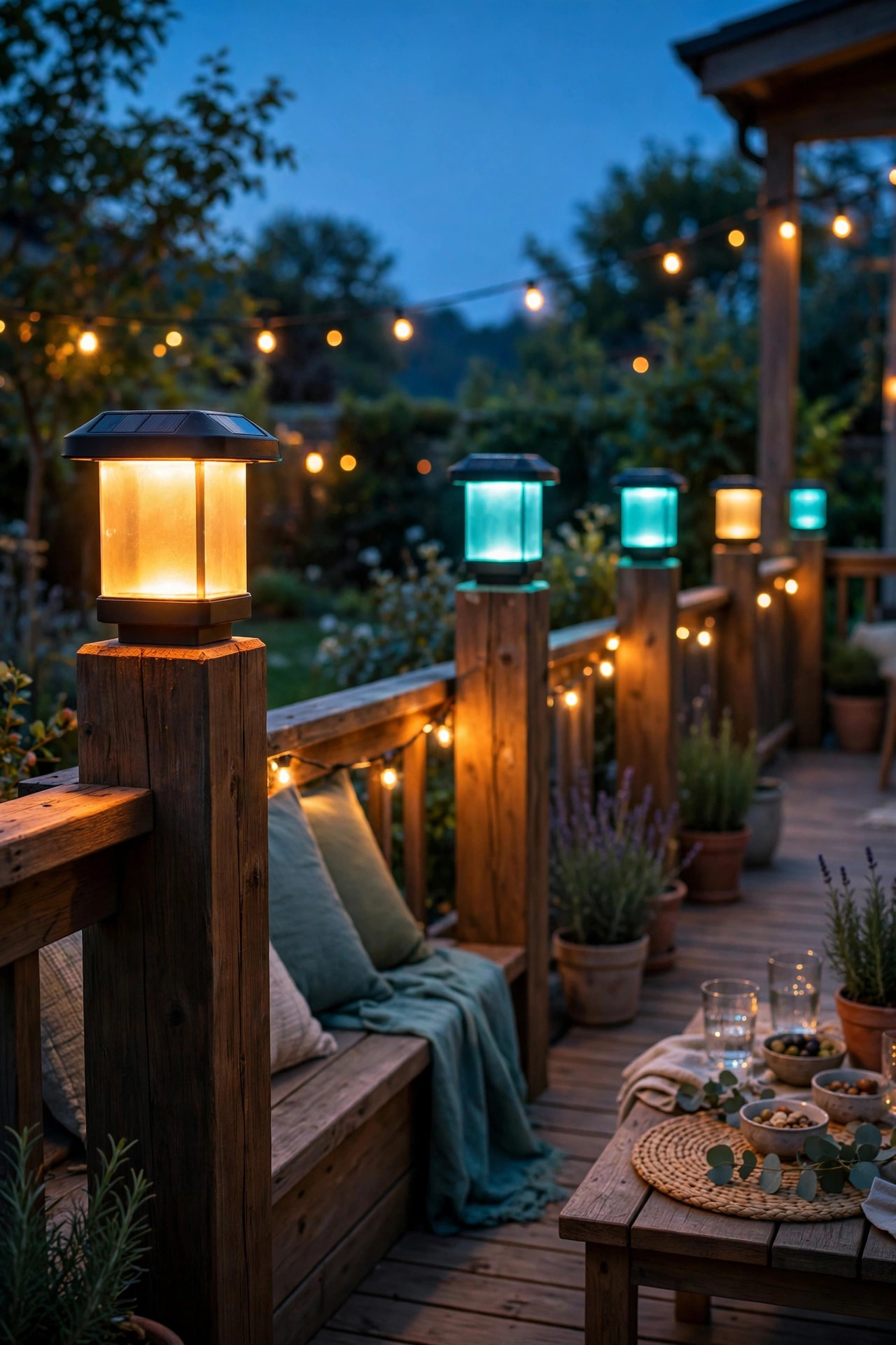 Color changing solar post lights on deck posts glowing amber and teal for an evening party