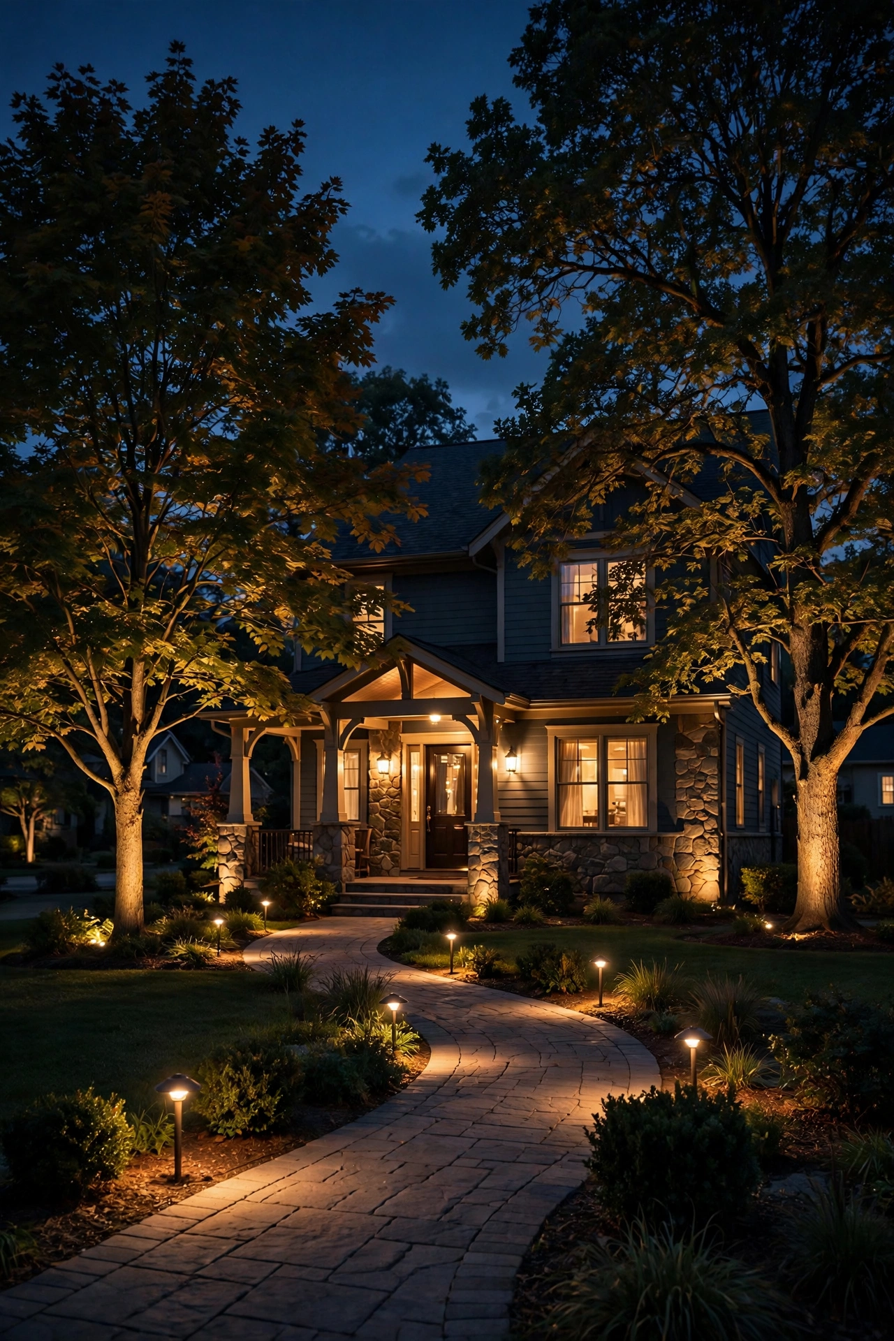 Front yard at night layered with uplights on trees and downlights along the walkway