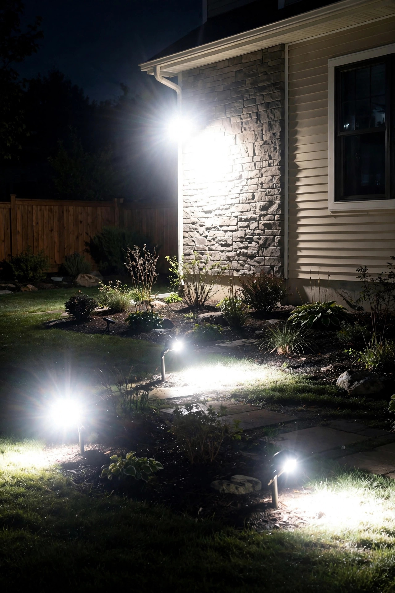 A yard with overly bright misaligned landscape lights showing common layered landscape lighting mistakes at night