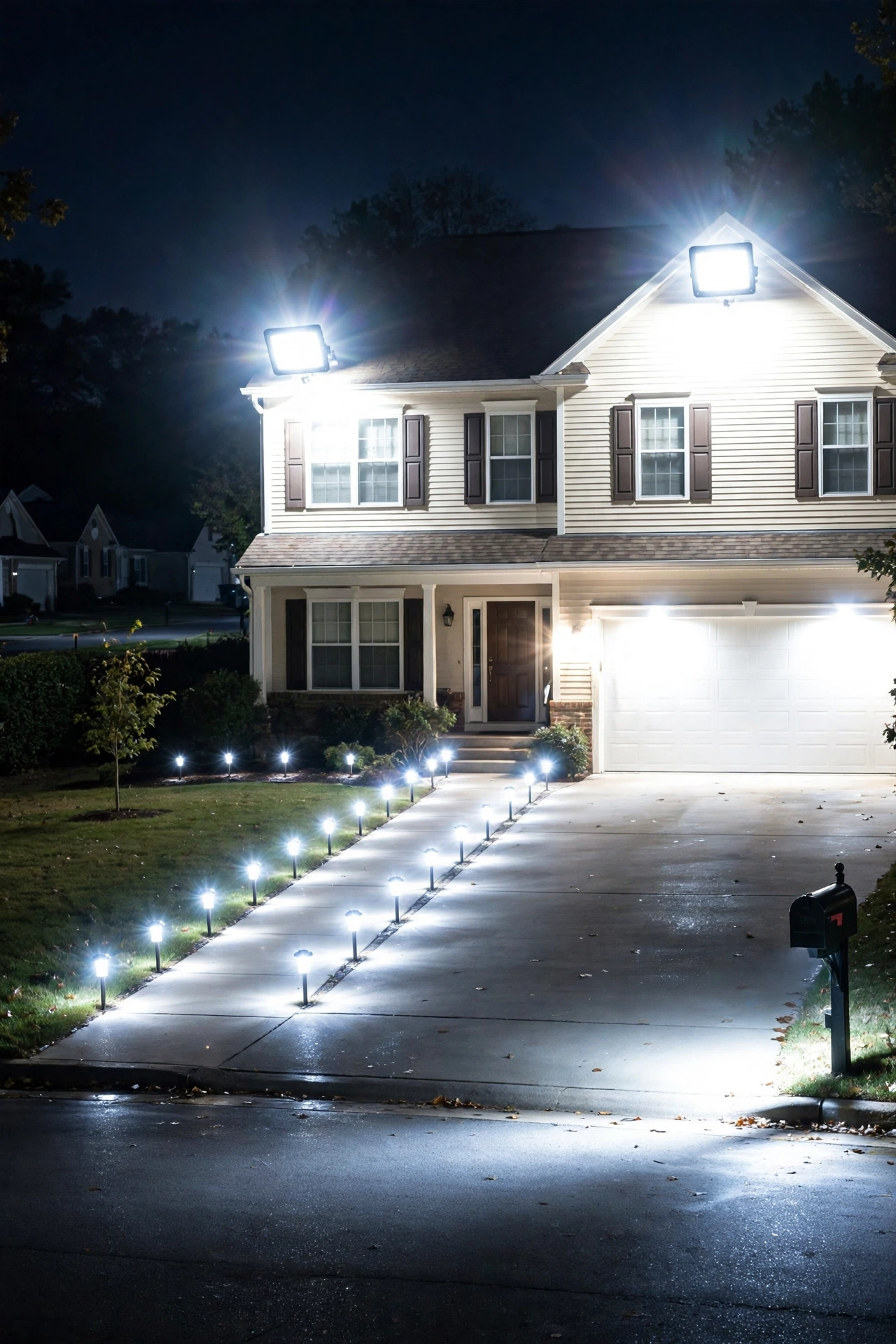 Examples of outdoor lighting mistakes harsh glare and runway path lights hurting curb appeal