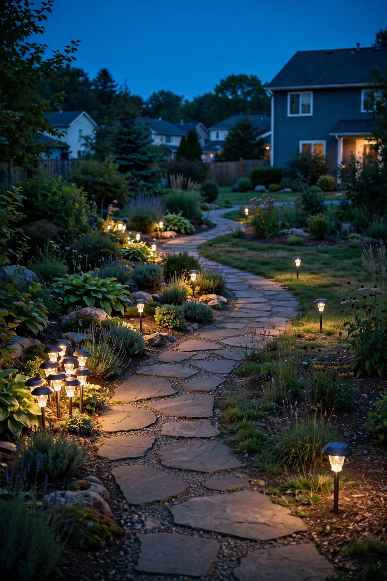 Side-by-side comparison showing runway-style solar light placement versus staggered natural placement