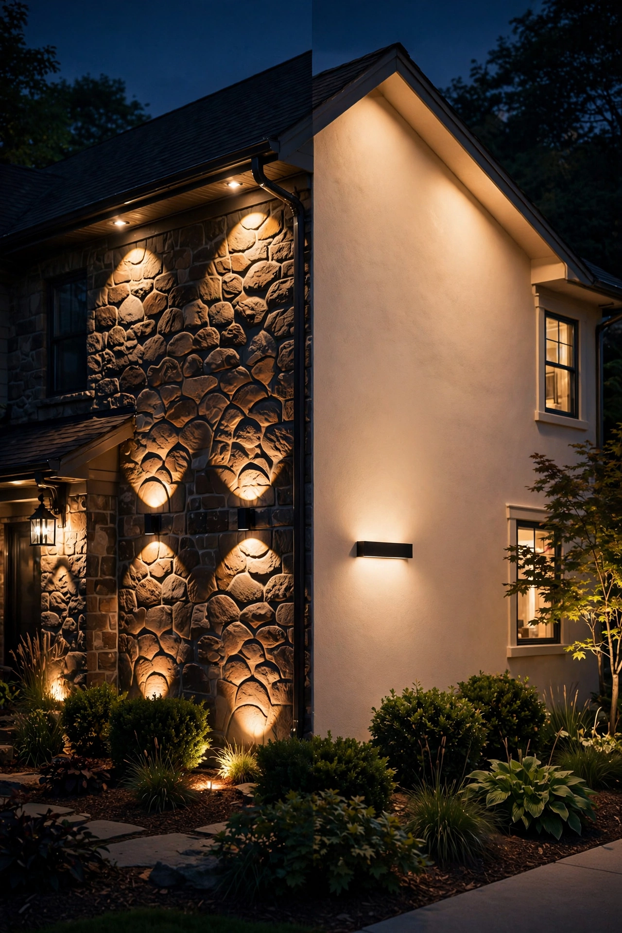 House exterior at night showing scalloped uneven lighting with hot spots versus a smooth even wall wash comparison