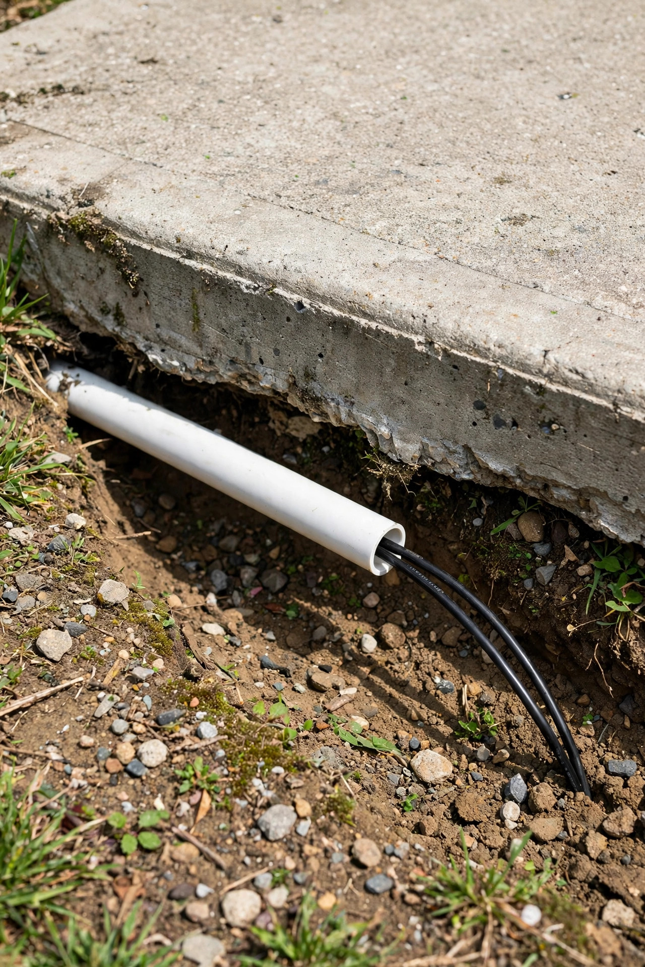 PVC conduit sleeve passing under a concrete sidewalk with landscape lighting cable threaded through