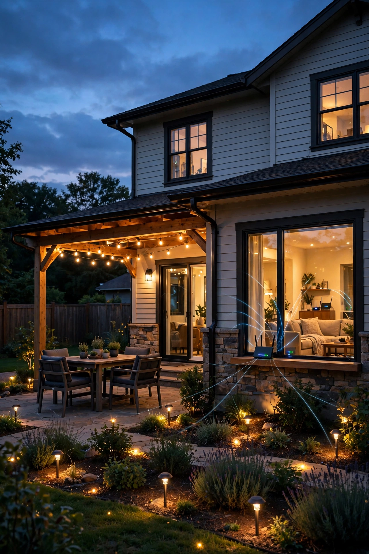Diagram-style photo showing Wi-Fi signal reaching backyard smart lights from a house router at dusk