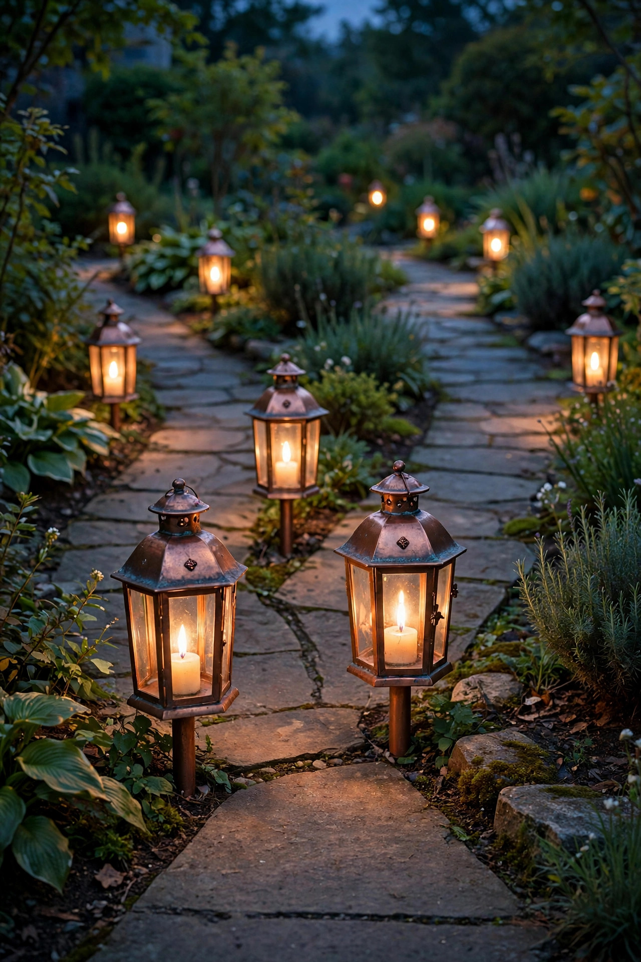 Copper finish flickering flame lantern path lights glowing like candlelight at the fork of a garden walkway