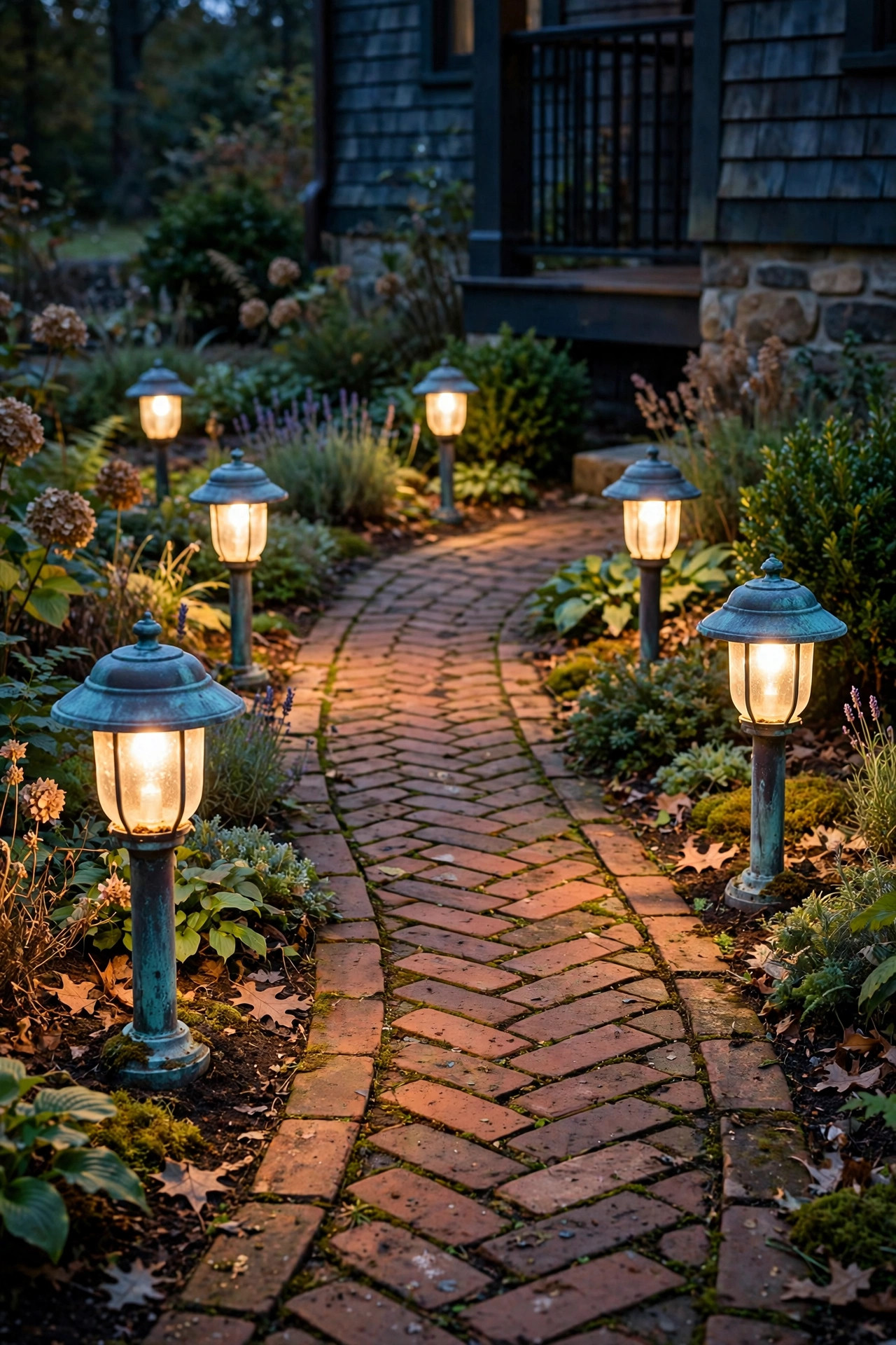 Aged copper path lights with a soft patina glowing beside a brick garden walkway