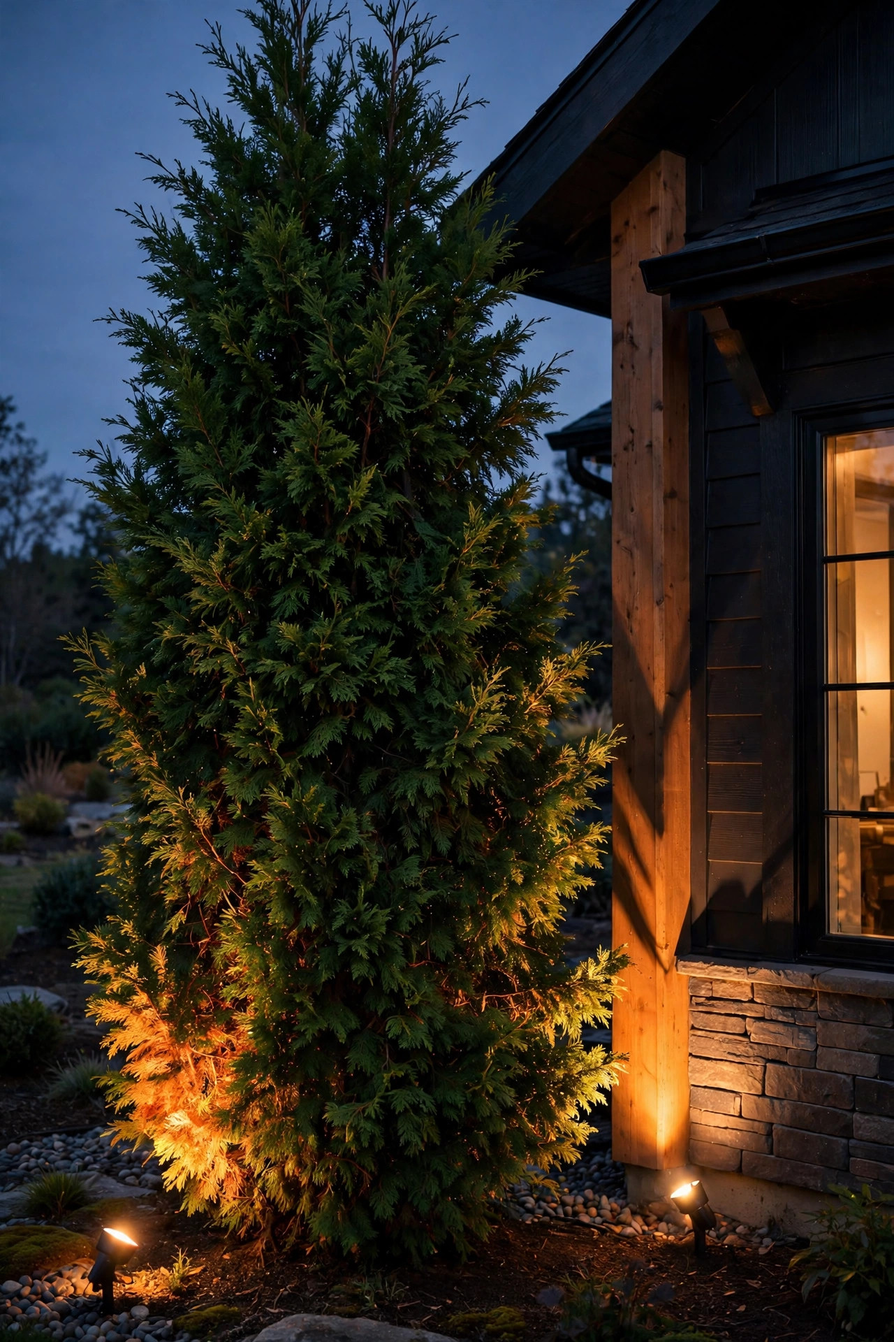 Tall evergreen shrub at the corner of a house dramatically uplit from two angles, anchoring the home's nighttime outline