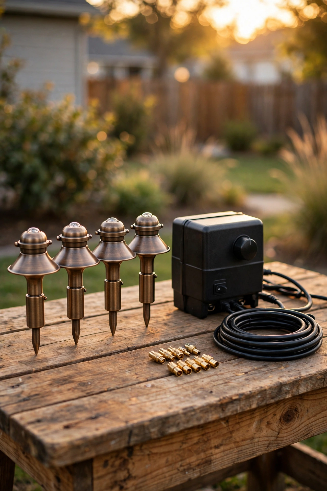 Low voltage path light kit components laid out — metal fixtures, transformer, cable, and connectors