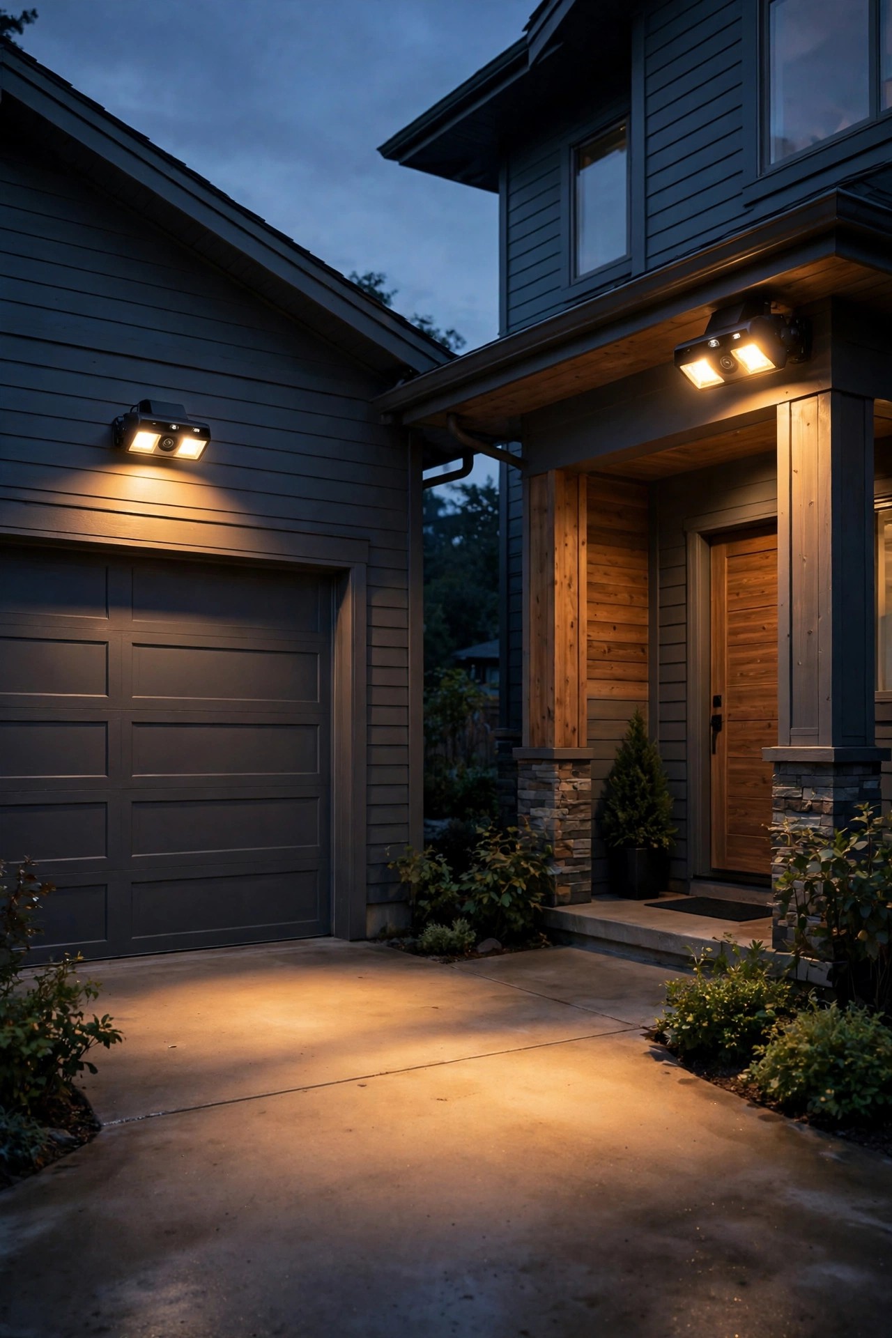 Two flood light cameras on a house at dusk, one over the garage and one at the porch corner, light pools overlapping on the driveway