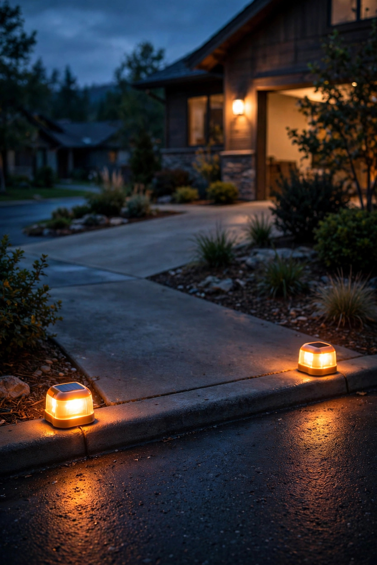 Two reflective solar curb markers glowing at the corners of a driveway entrance where it meets a dark street
