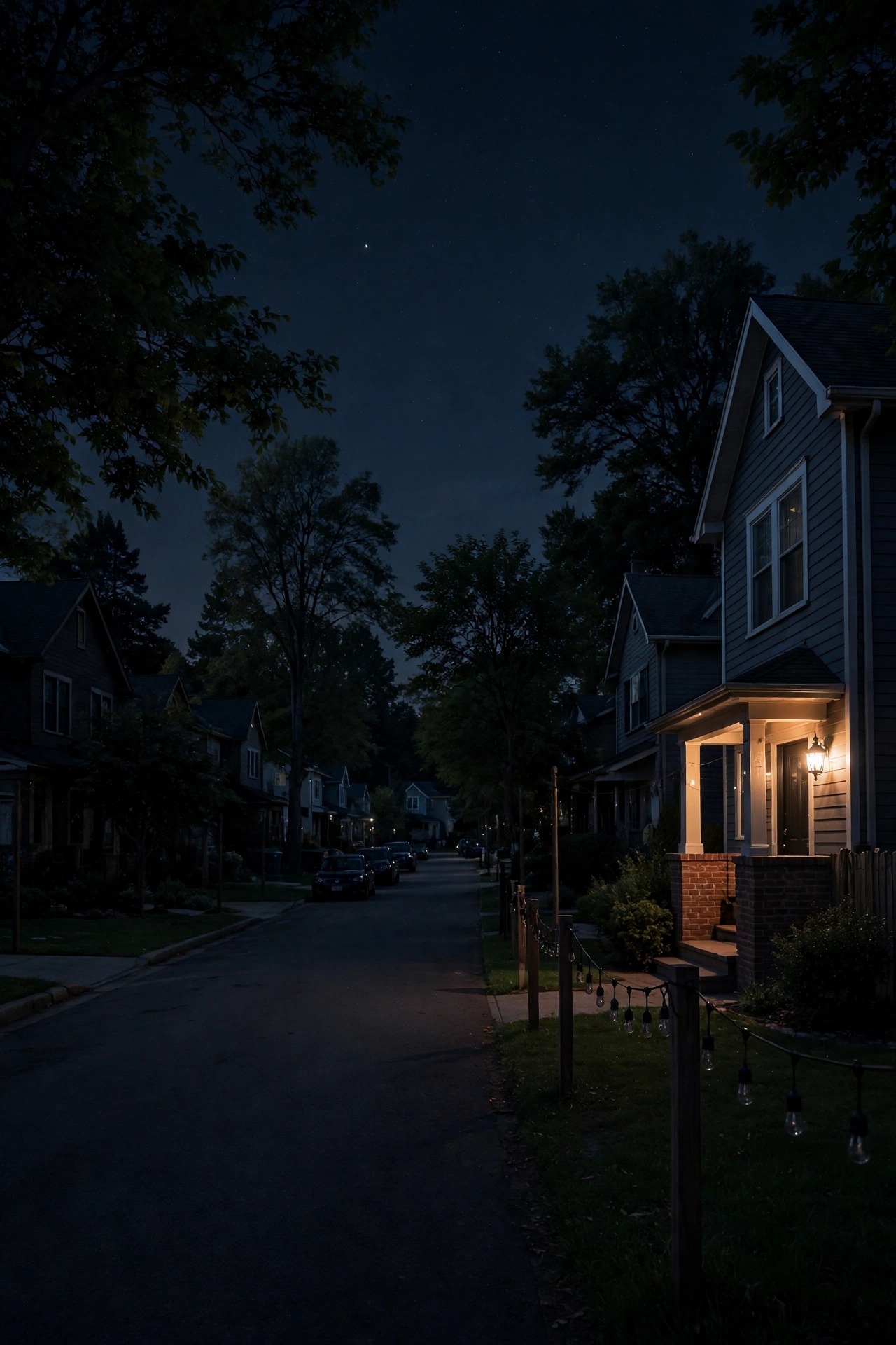 Quiet suburban street late at night with decorative yard lights switched off on a timer, one soft porch glow remaining
