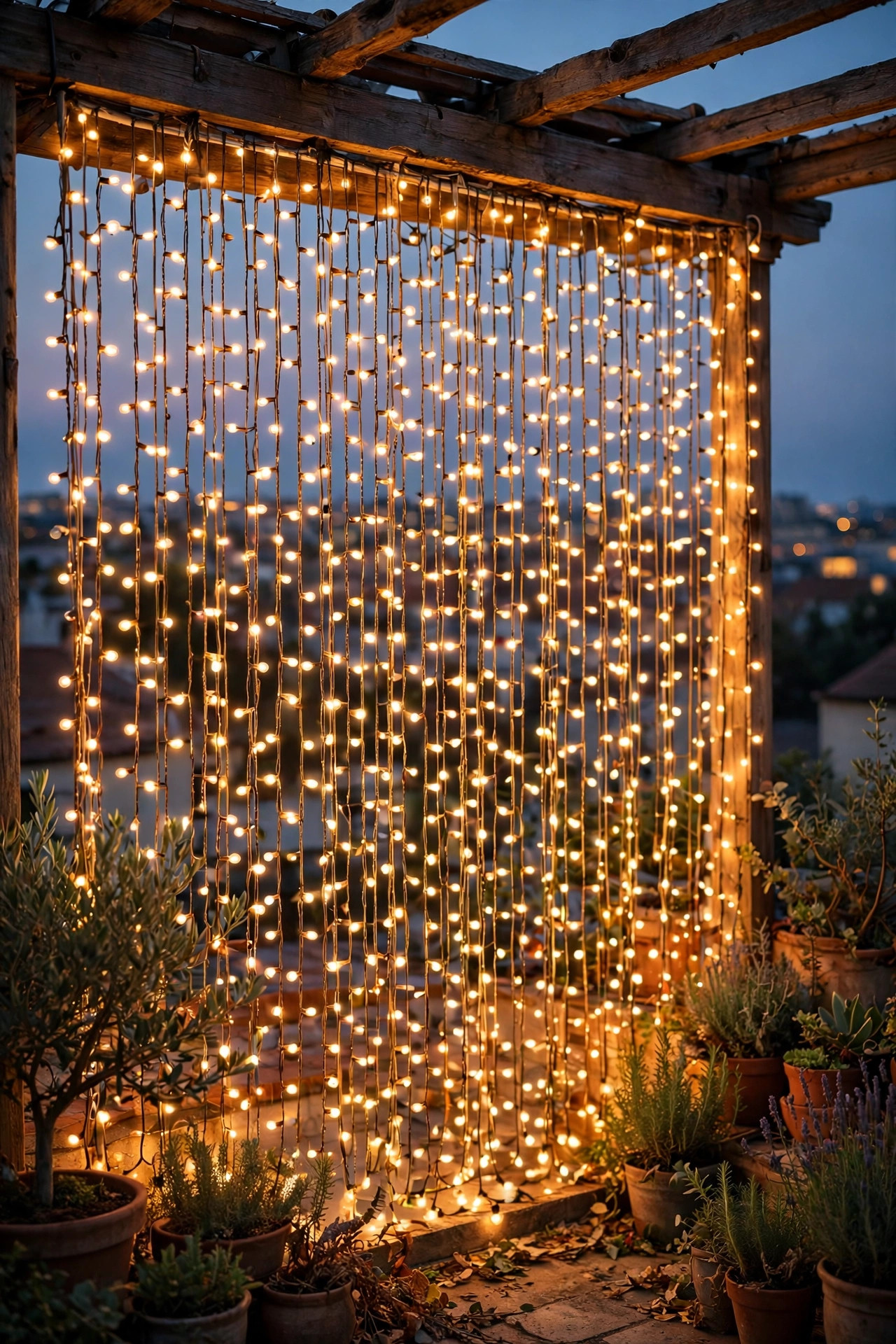 Curtain of warm string lights hanging from a rooftop pergola edge forming a glowing privacy screen