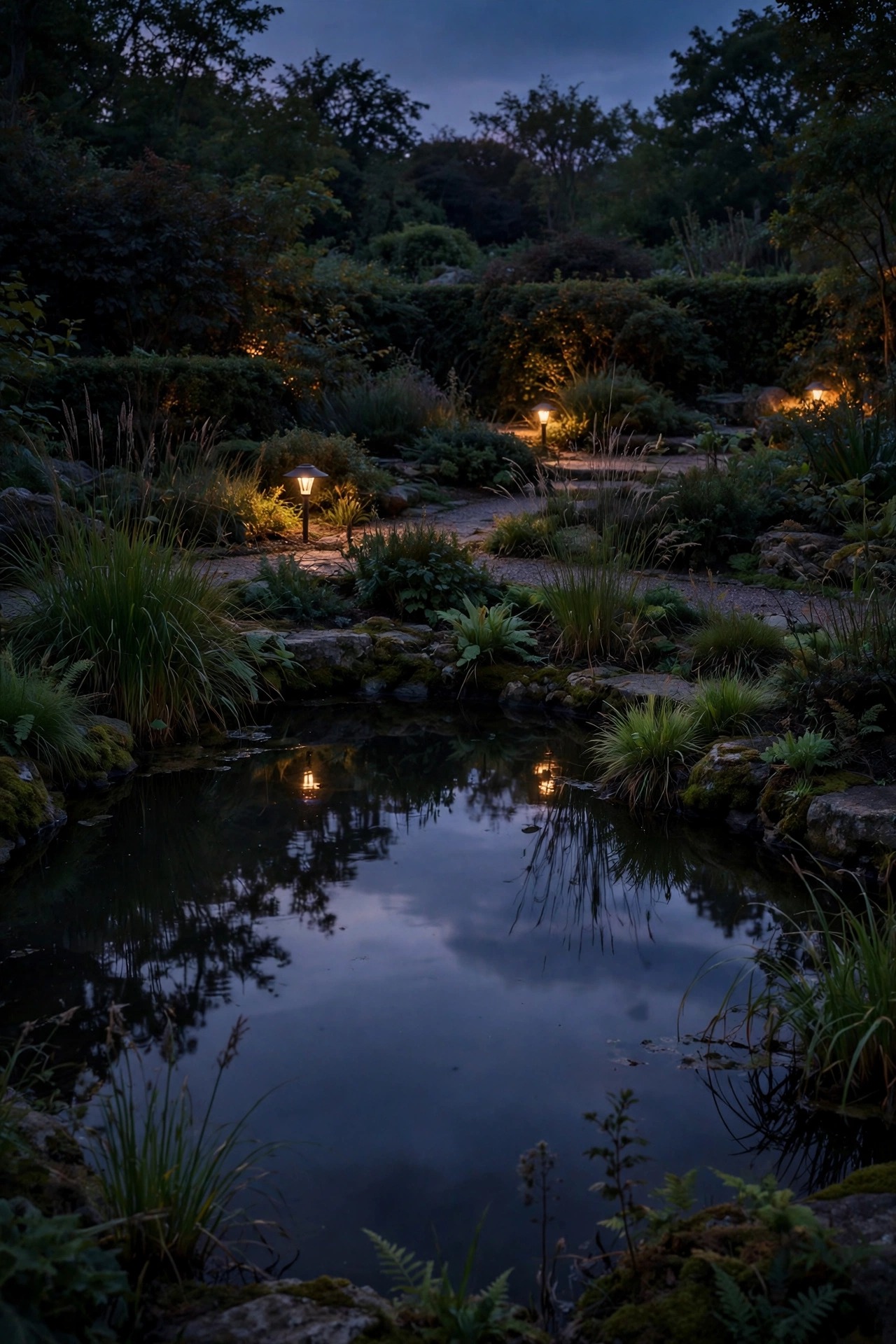 Unlit garden pond at dusk reflecting the quiet twilight sky, kept dark with soft shielded path lights set well back from the water edge