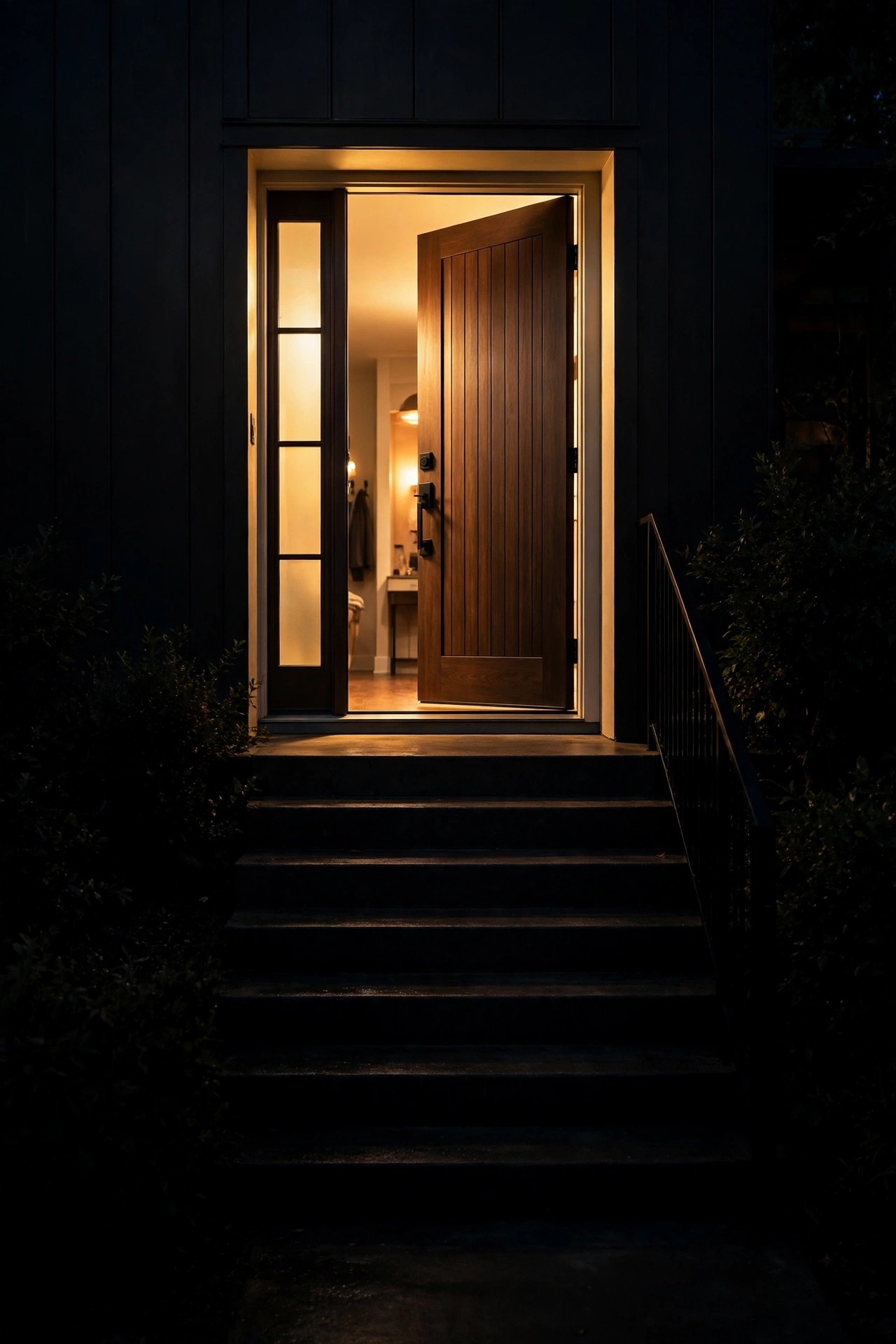 Brightly lit front door at night with completely dark porch steps in front of it, the unlit staircase disappearing into shadow below the glowing entry