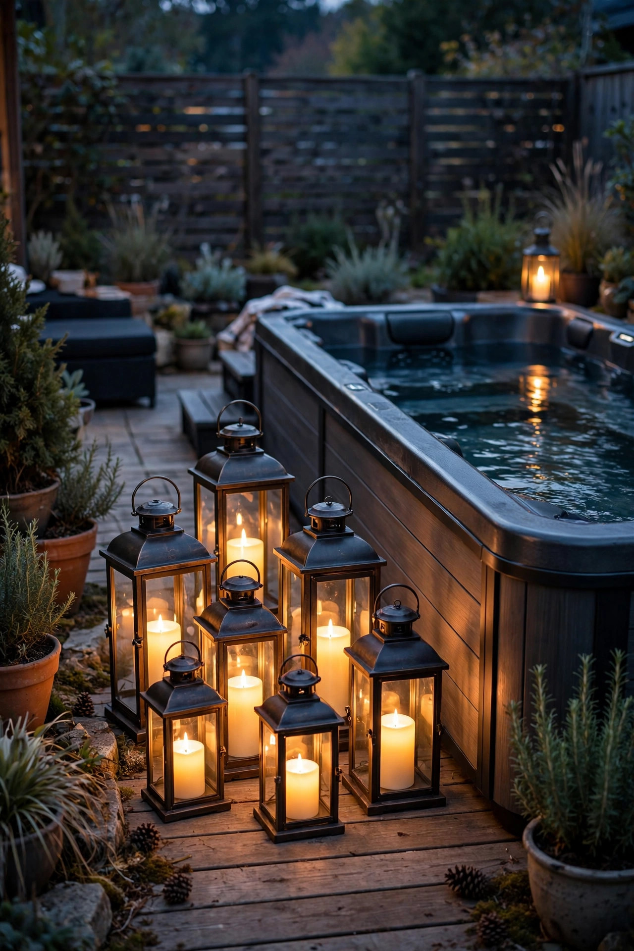 Cluster of battery lanterns with flameless candles glowing on a deck beside a swim spa