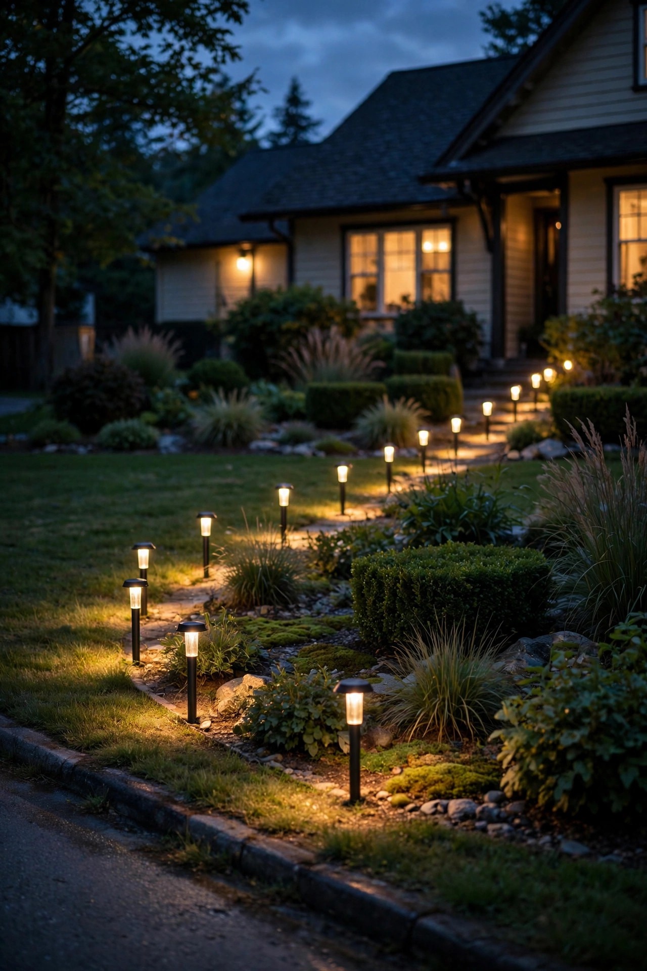 Staggered path lights tracing a gentle diagonal curve across a small front yard at dusk, lengthening the view from the street