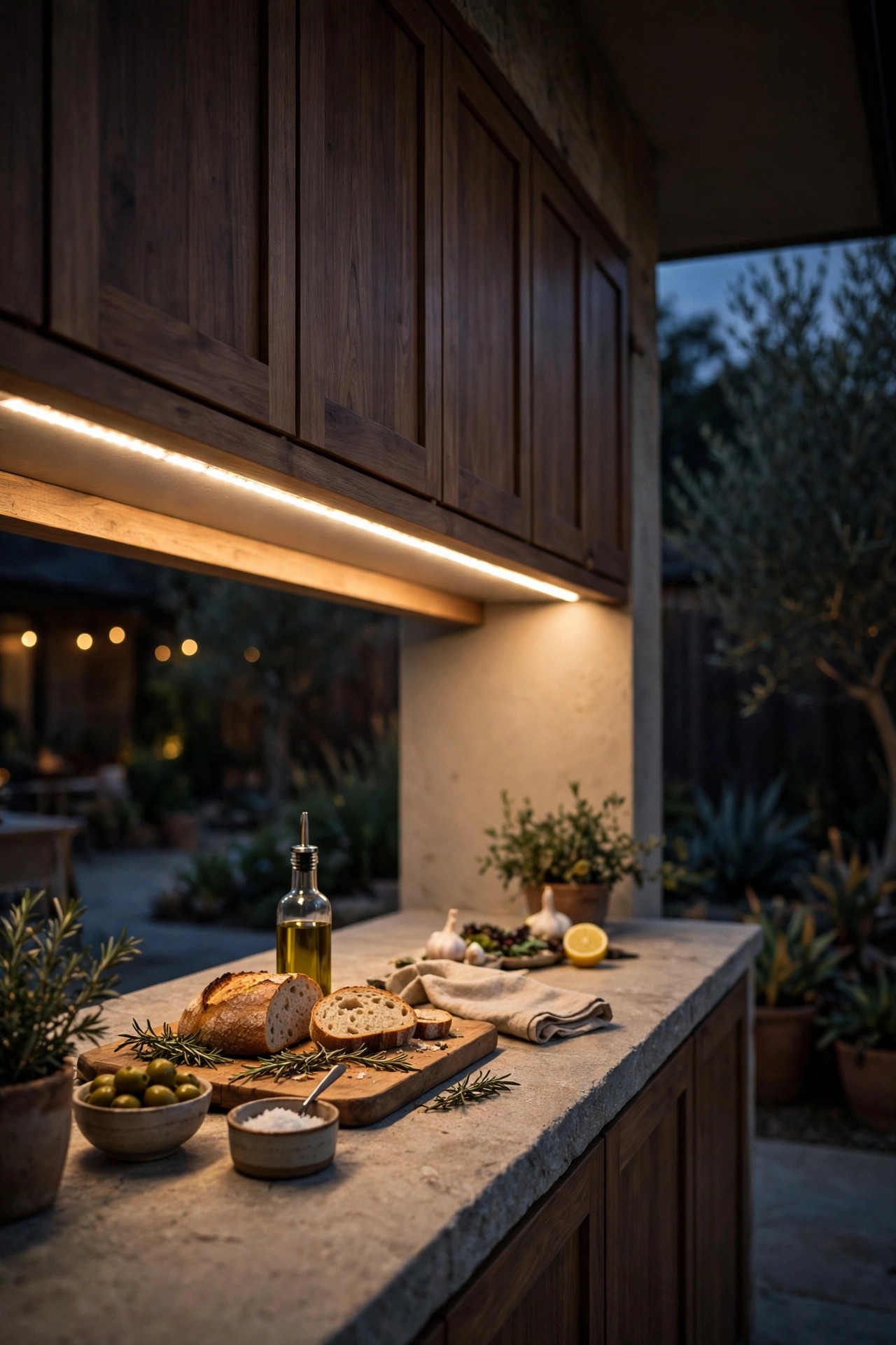 Dimmable LED strip lighting under outdoor kitchen cabinets glowing softly over a serving counter at night