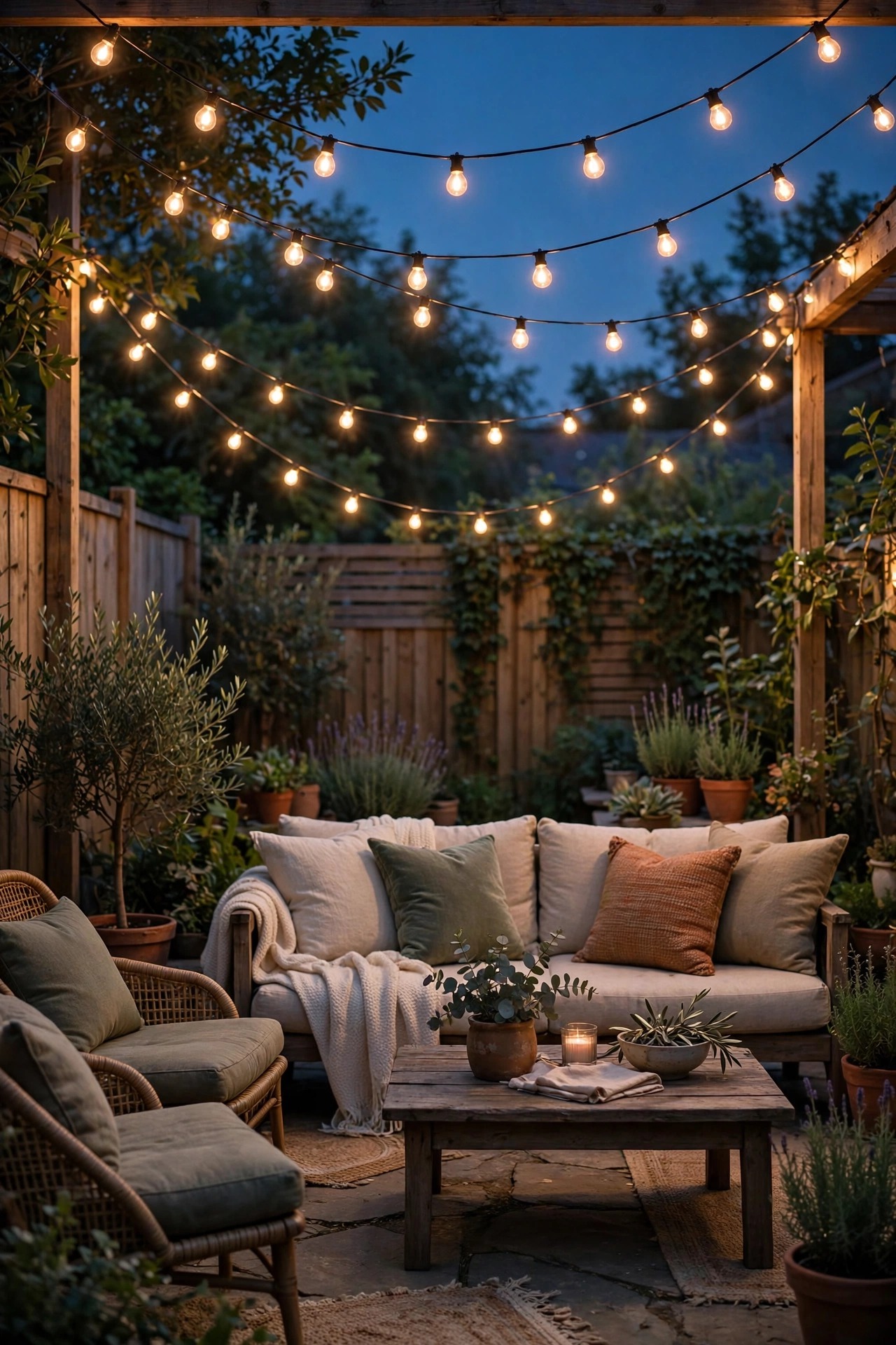Dimmable warm string lights swagged over a backyard patio in smart backyard lighting at dusk