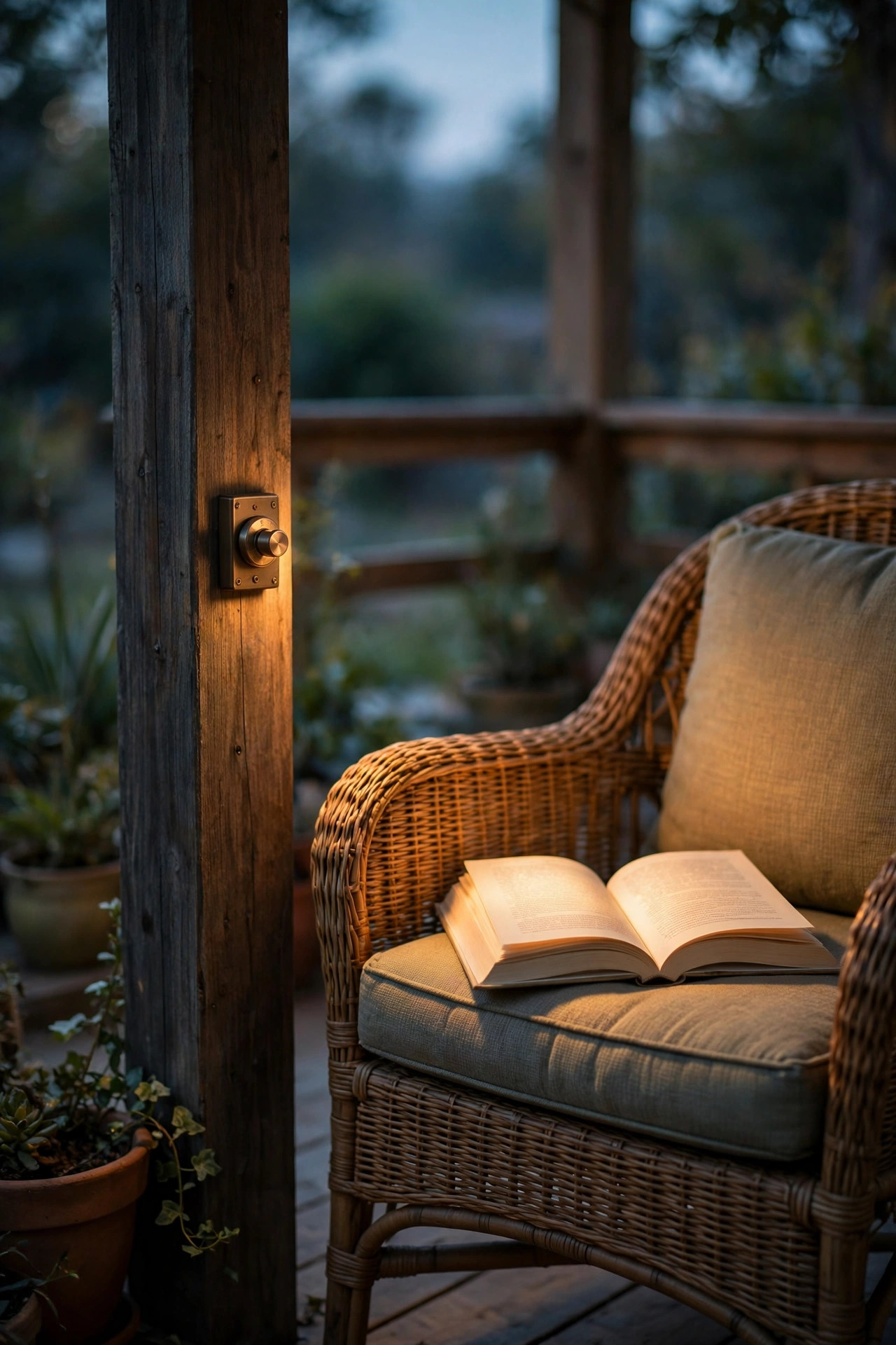 Hand adjusting a small dimmer dial as warm light softens over an open book in an outdoor reading chair