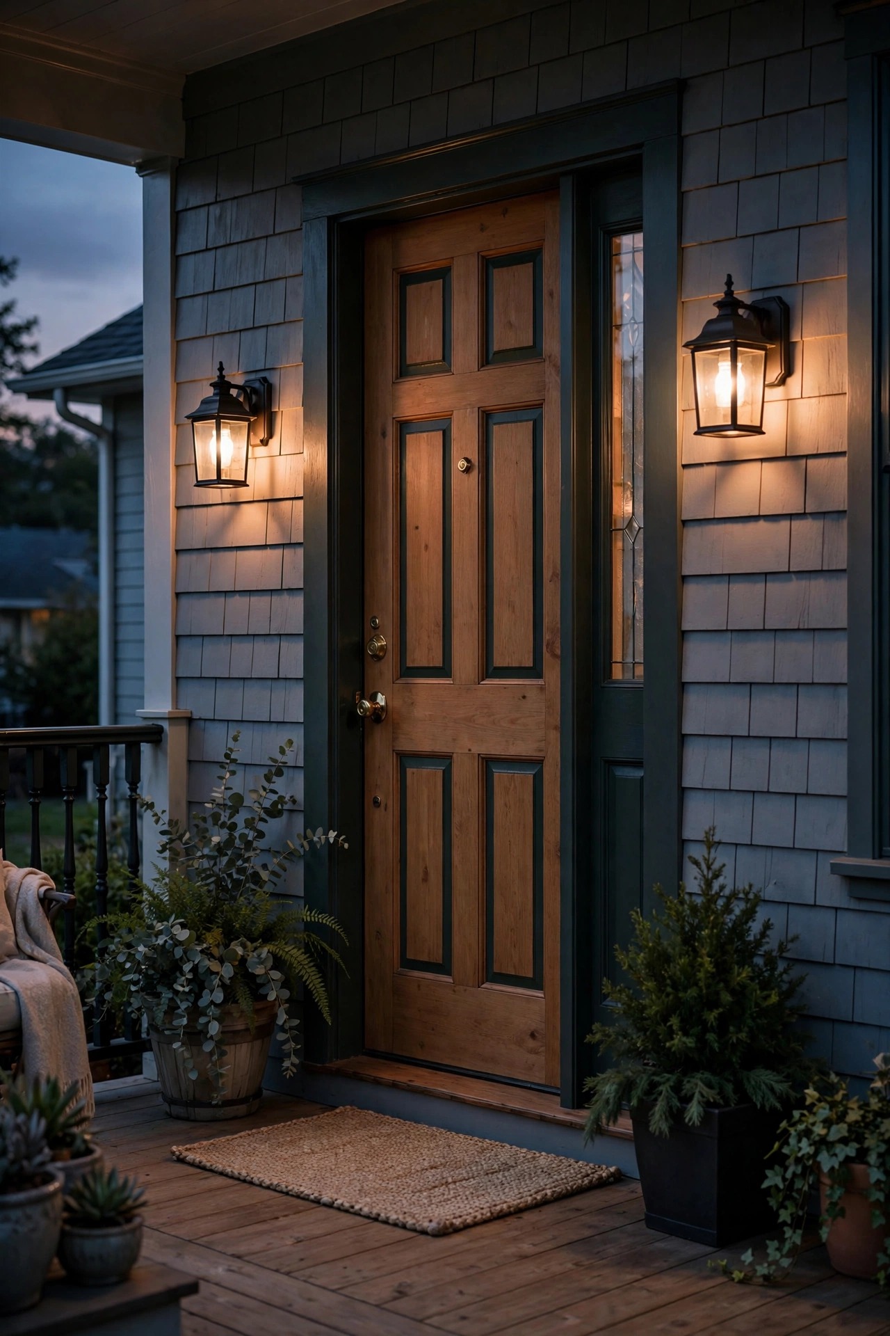 Porch sconces dimmed to a soft warm glow in the early evening, smooth flicker-free dimming from a smart switch