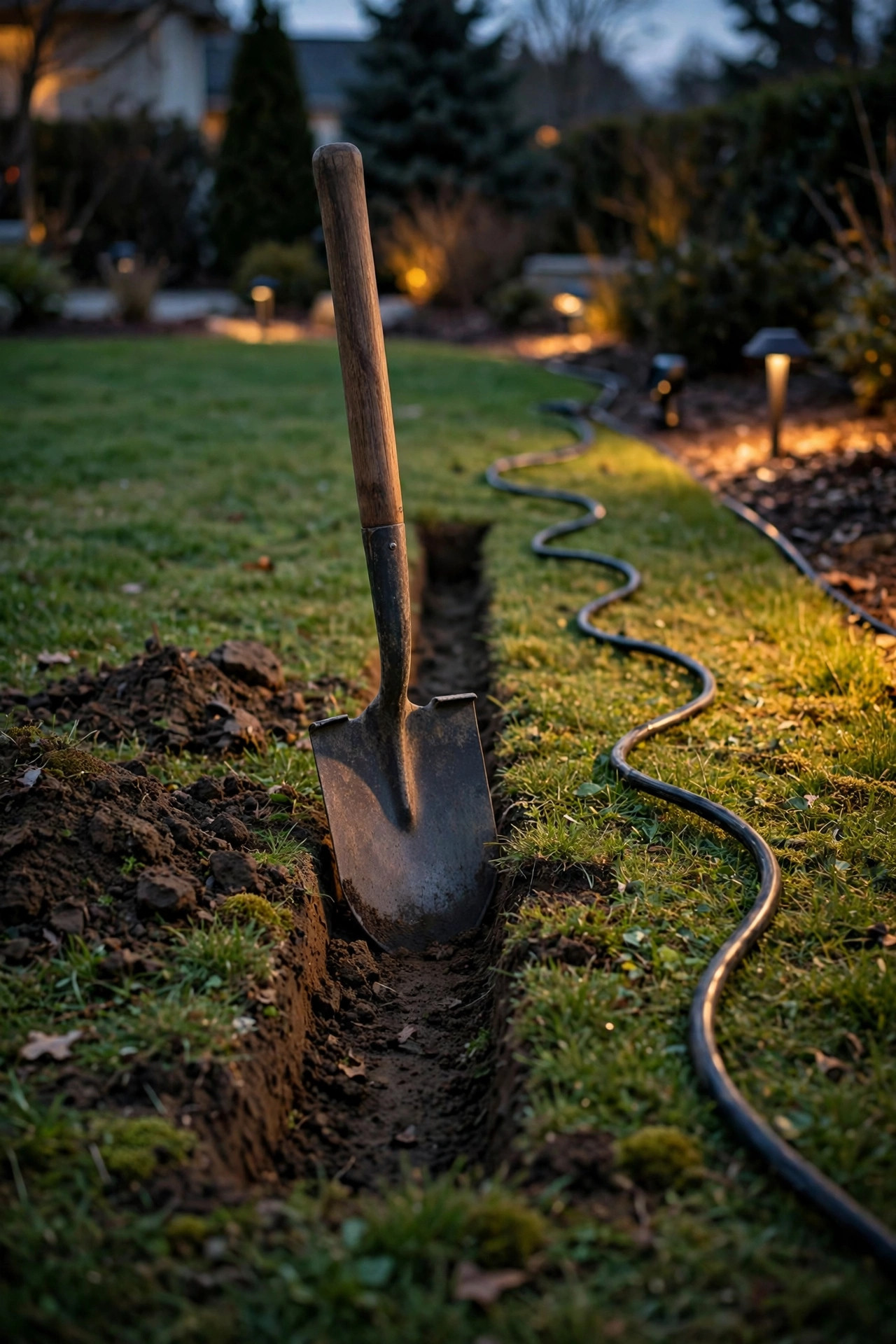 Homeowner-style weekend installation scene with a flat spade cutting a shallow slit trench in a lawn for low-voltage landscape lighting cable at dusk