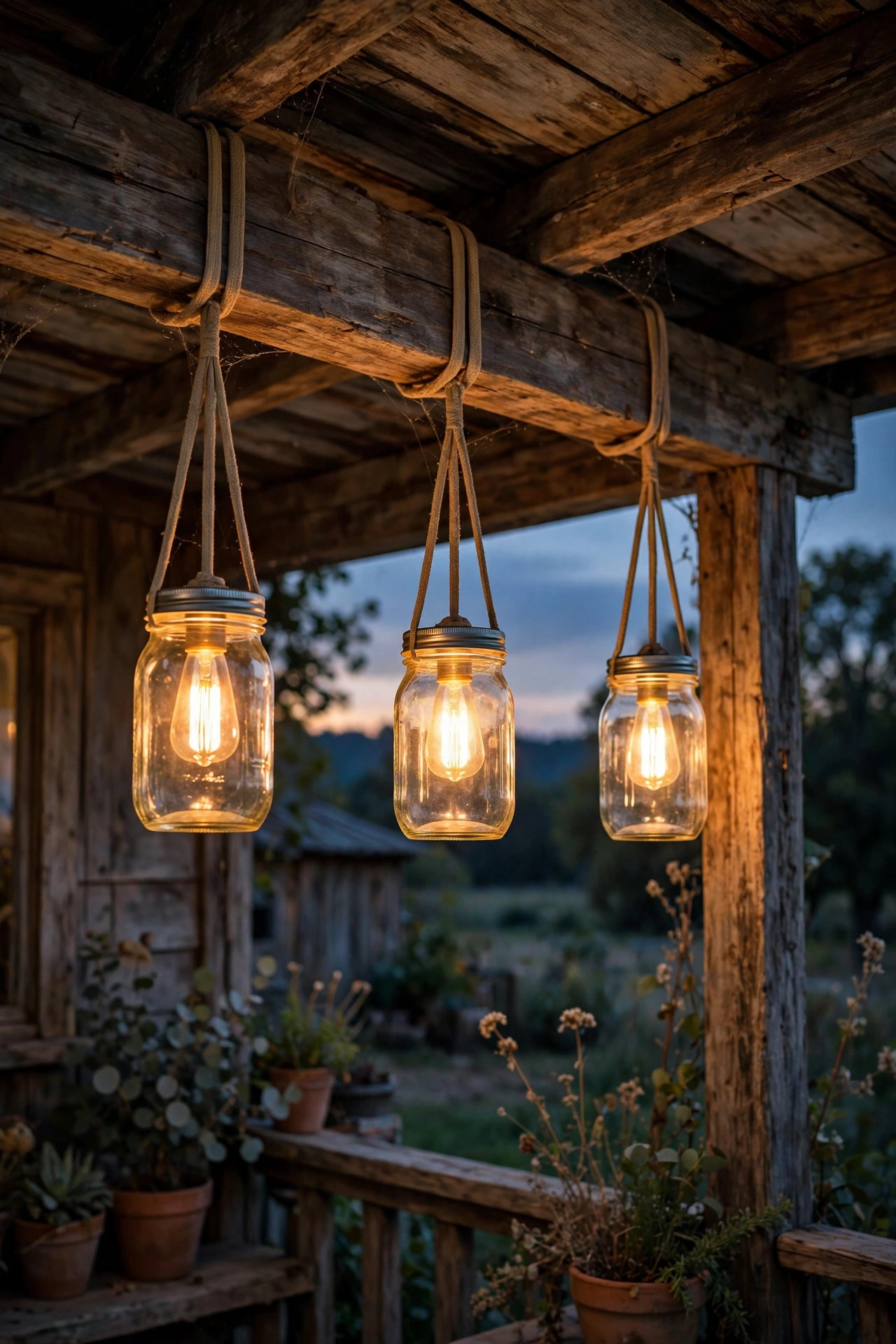 DIY mason jar pendant lights with warm bulbs hanging along a rustic porch beam