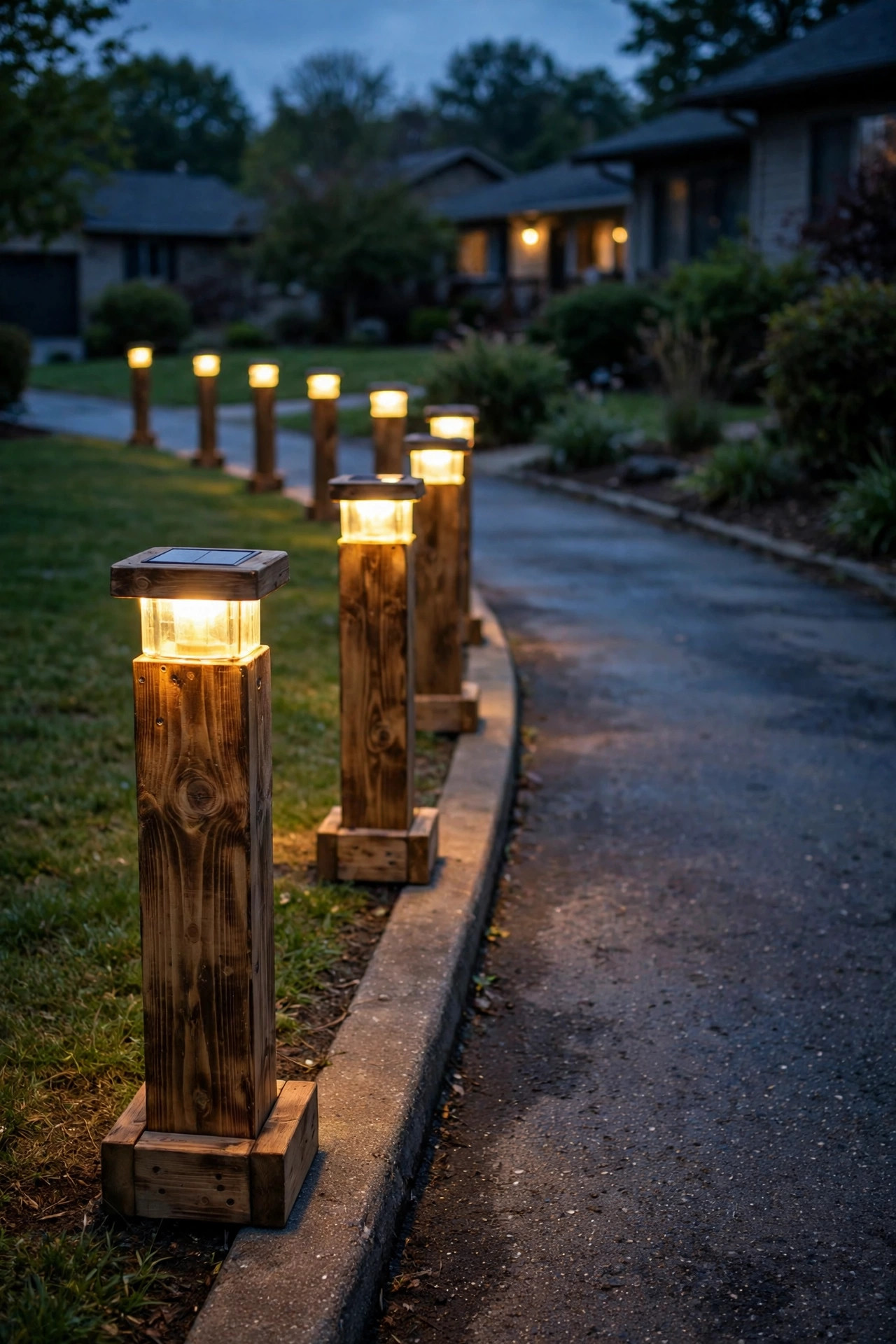 DIY wooden bollard posts with solar cap lights glowing along one side of a residential driveway