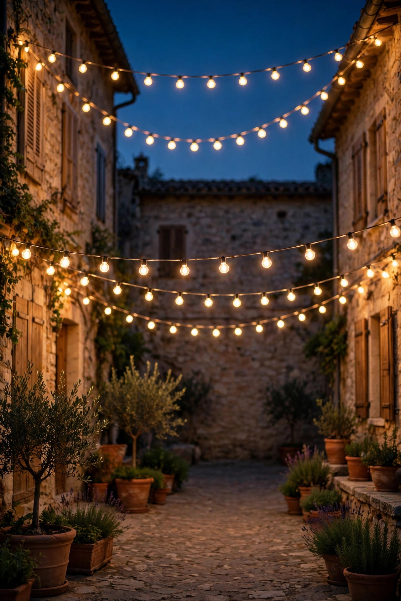 Two layers of string lights hung at different heights creating depth over a courtyard at night