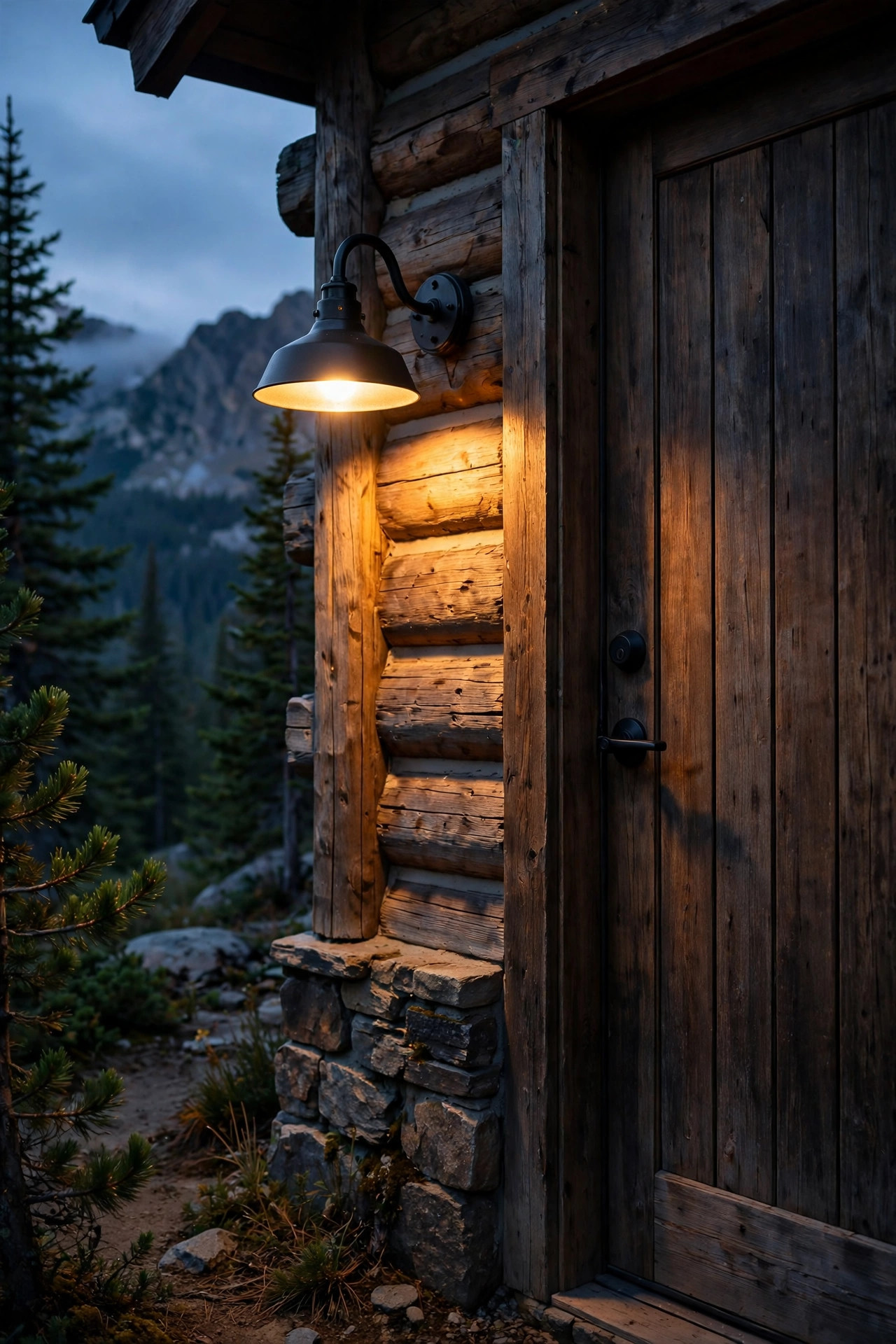 Downward-facing hooded sconce casting a warm pool of light beside a mountain cabin door