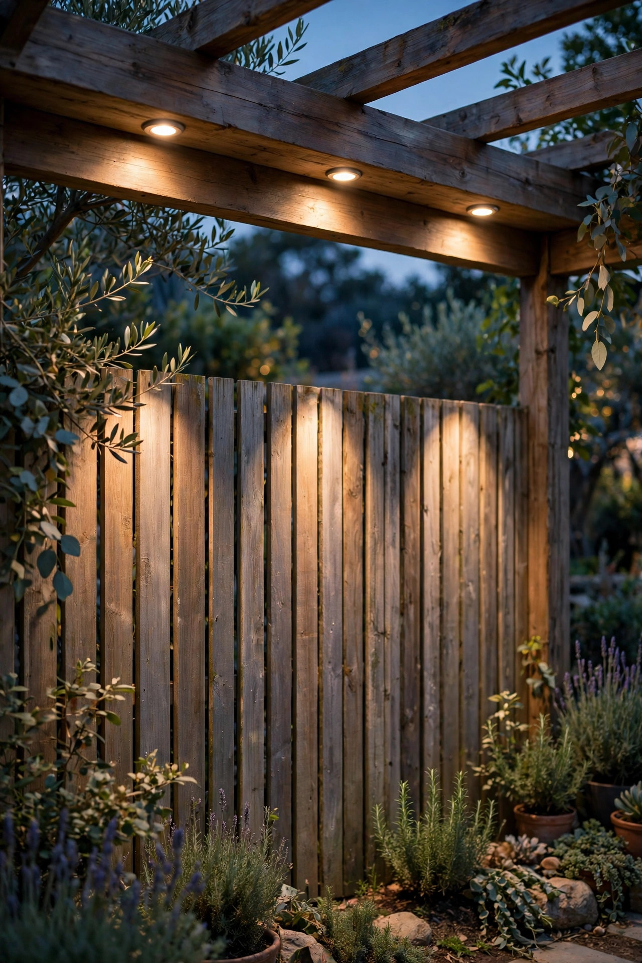 Downlights mounted on a pergola beam washing soft light down the face of a garden fence