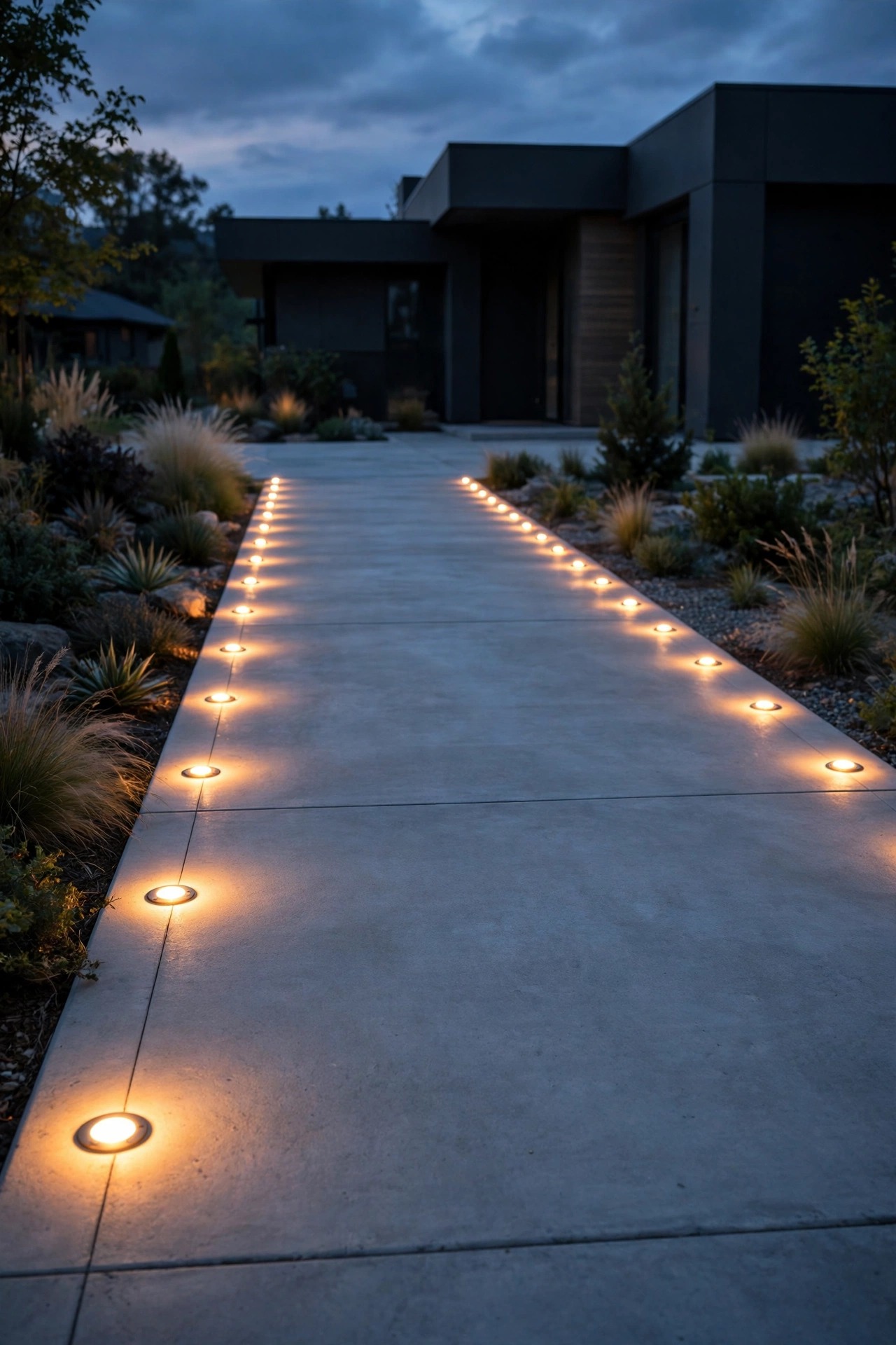 Flush in-grade round marker lights set along both edges of a modern concrete driveway glowing warmly at dusk