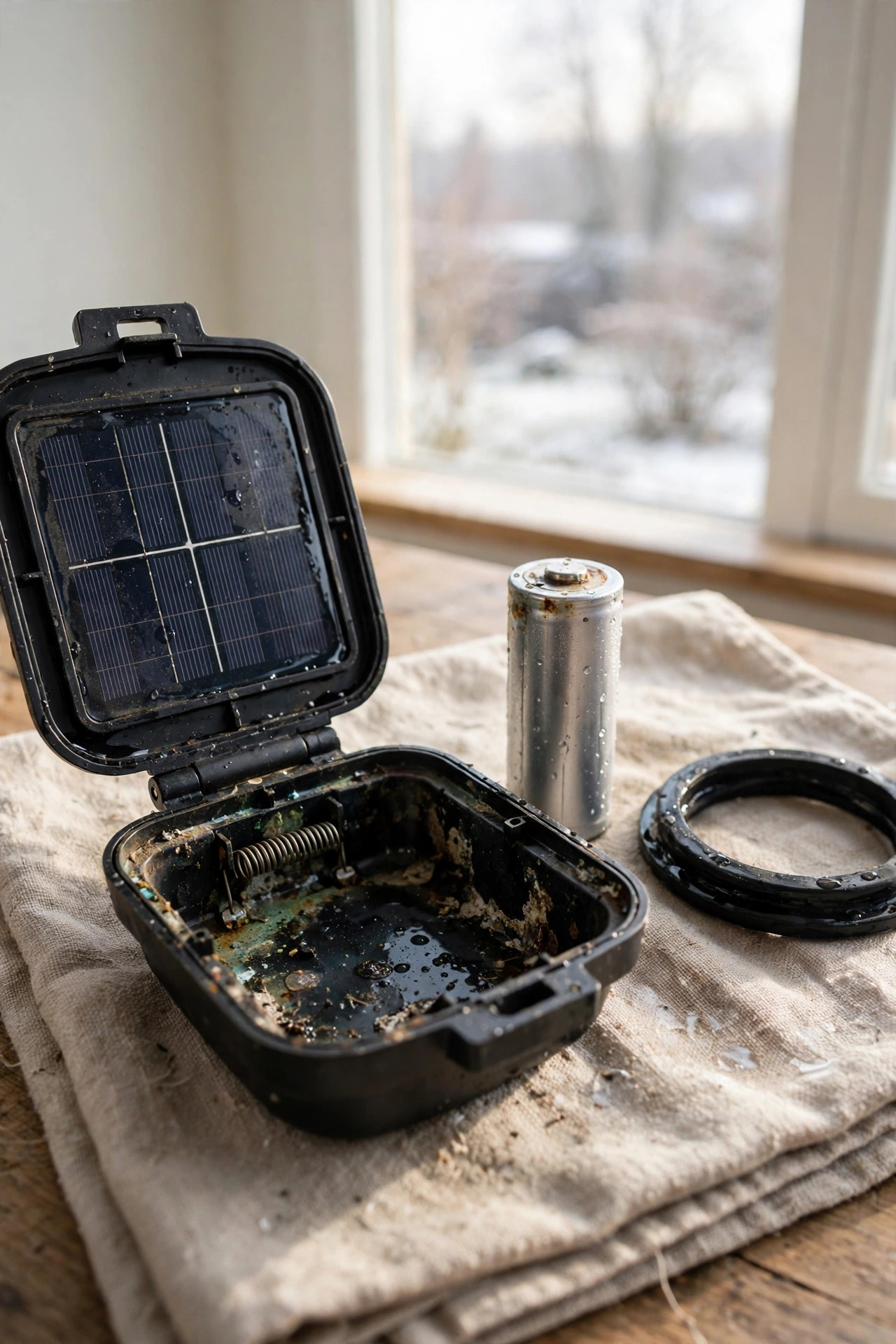 Opened solar light housing drying indoors beside its battery and gasket after winter moisture damage