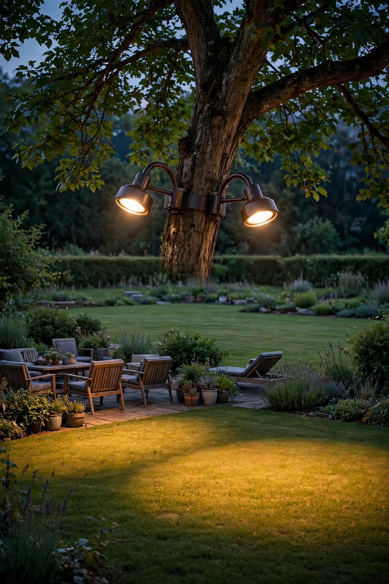 Dual-head tree-mounted downlight arm washing a wide lawn and outdoor seating area in two overlapping pools of warm light at dusk